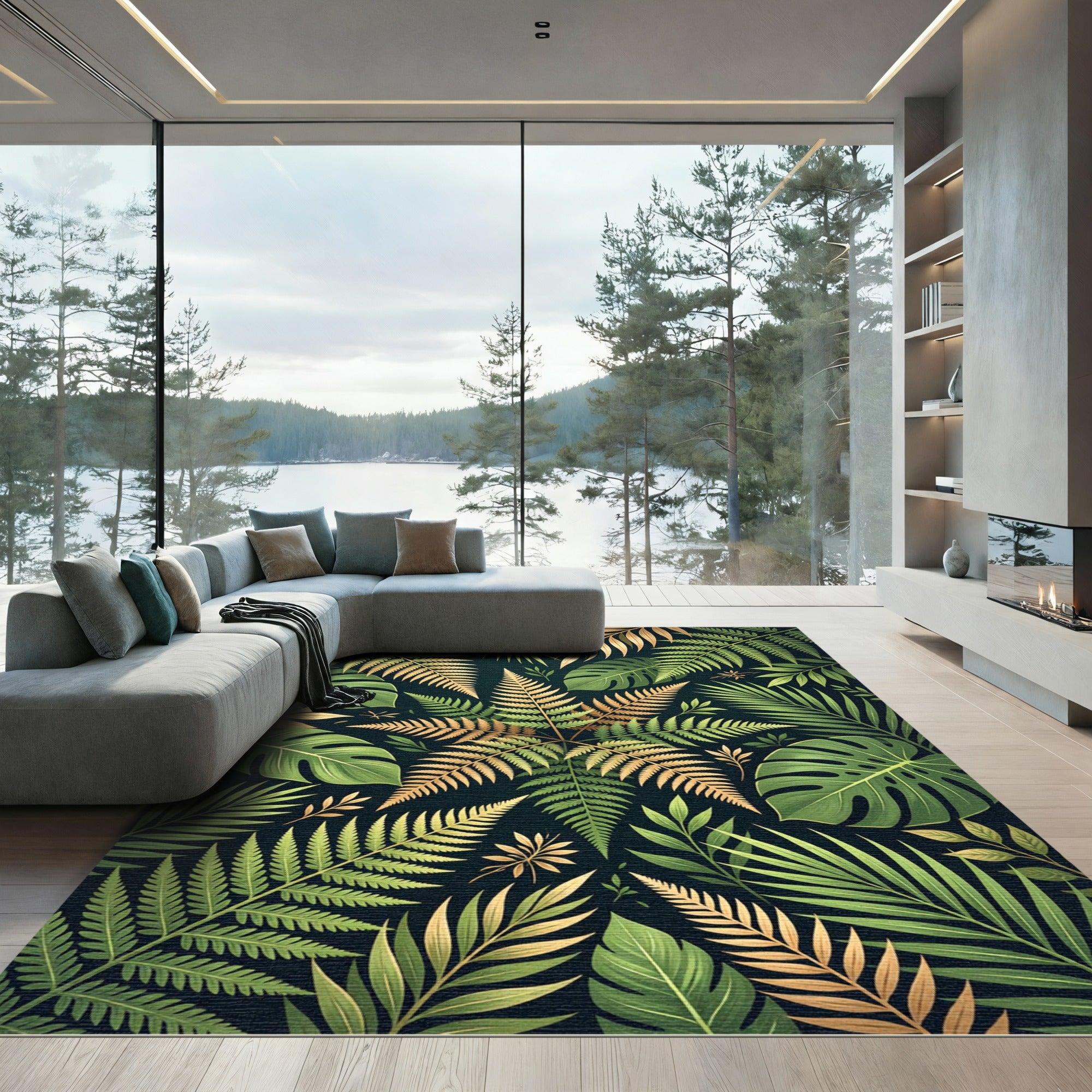 Lush Emerald Gold Tropical Jungle Flora Rug