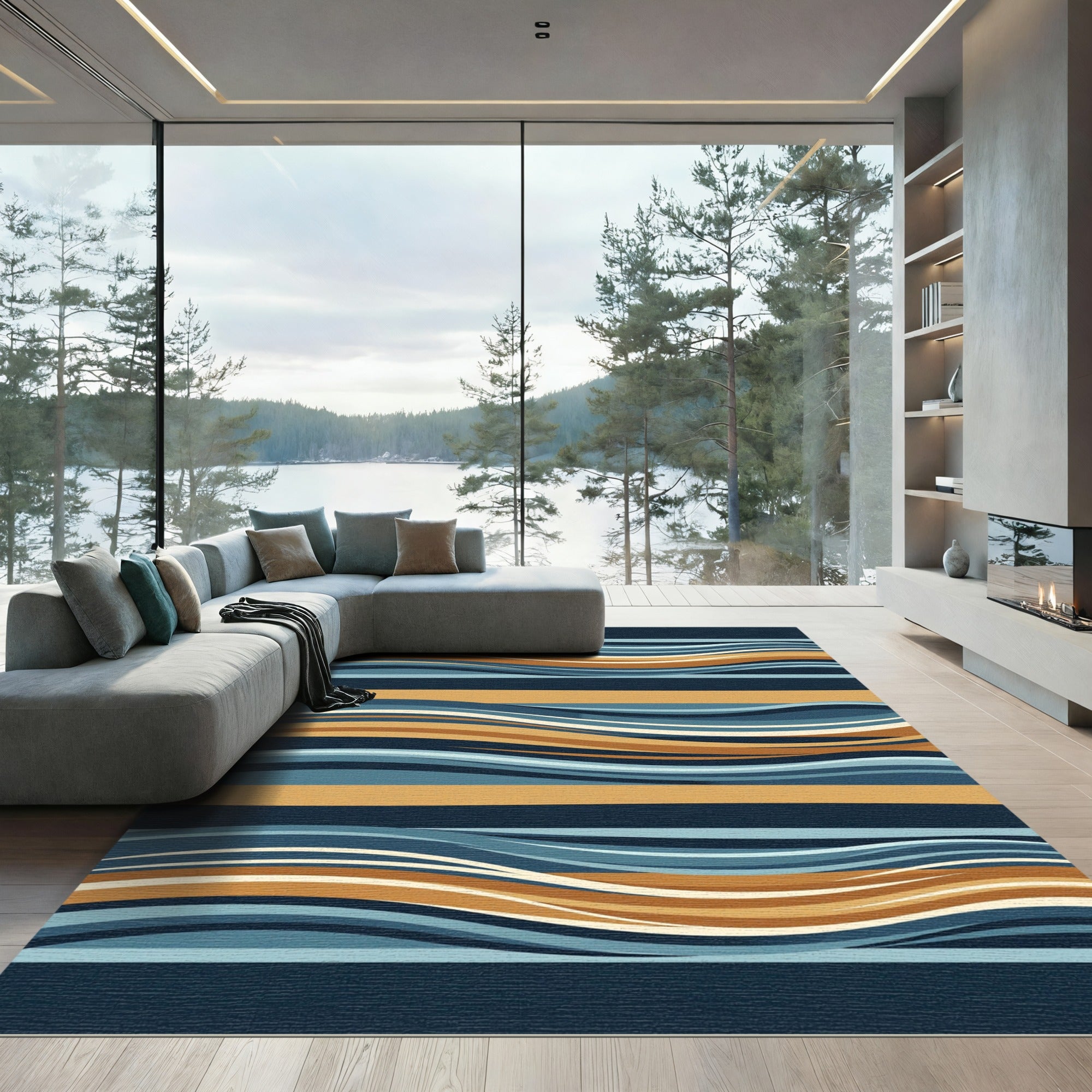 Modern Wavy Blue and Ochre Stripe Rug