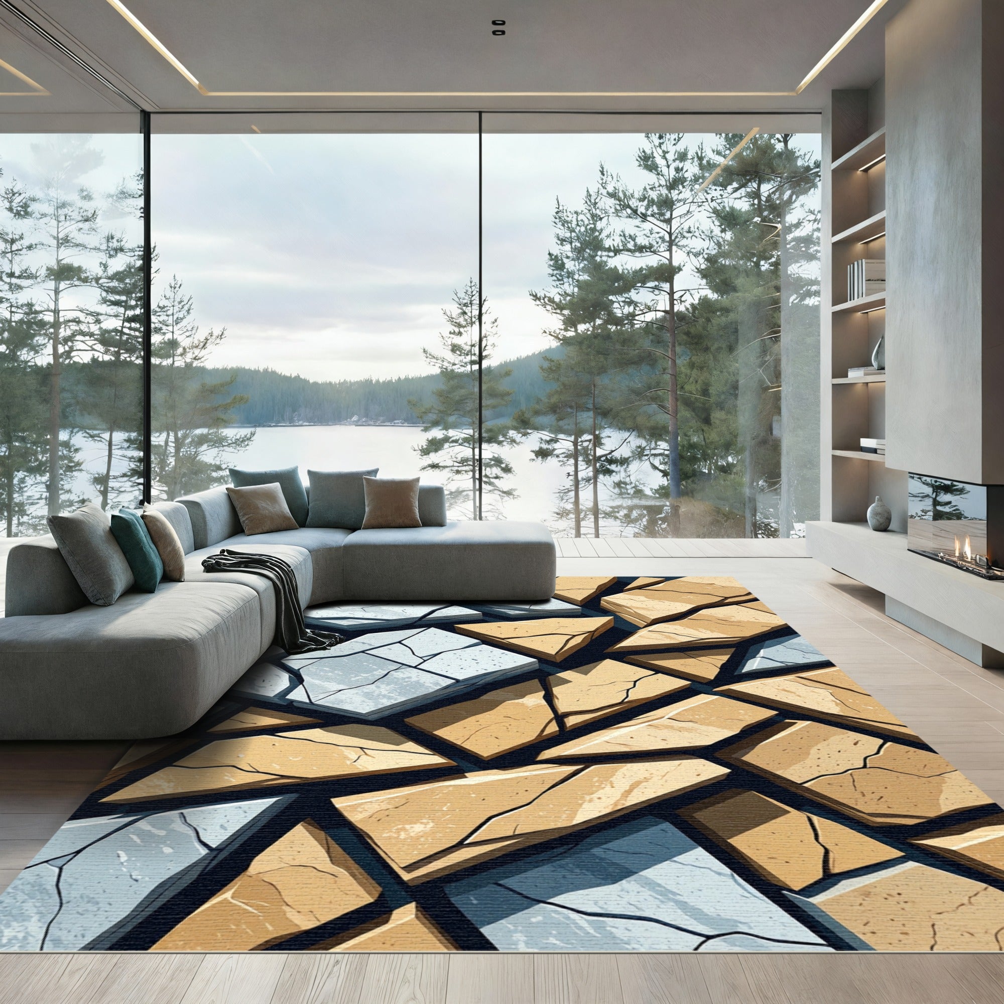 Cracked Stone Terracotta Blue Mosaic Rug