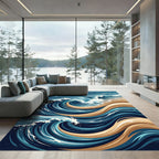 Abstract Oceanic Swirls in Navy and Gold Rug