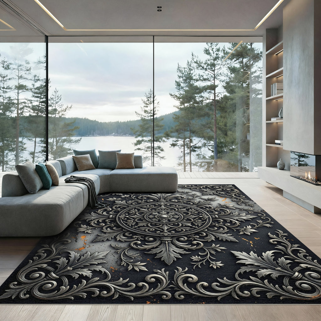 Baroque Silver Filigree Ornate Medallion Rug
