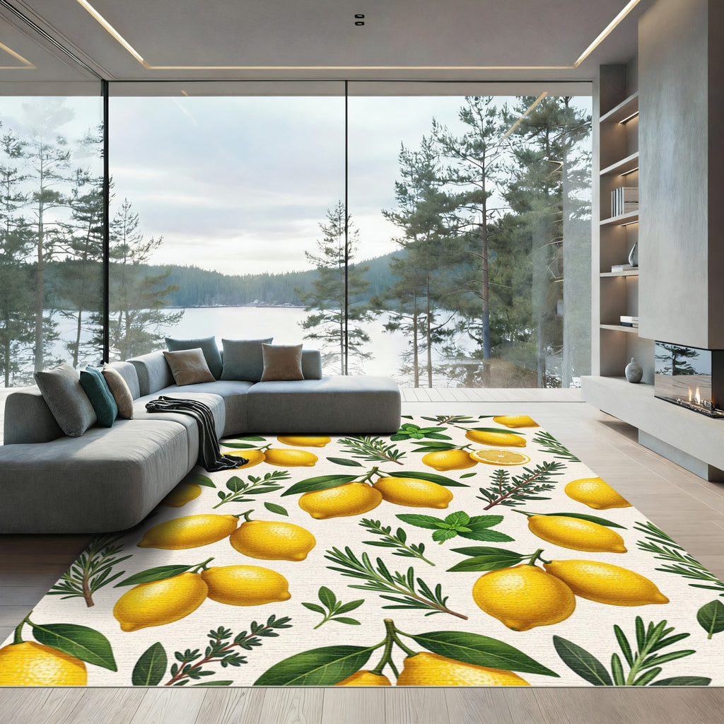 Sunny Lemon and Botanical Herb Illustration Rug