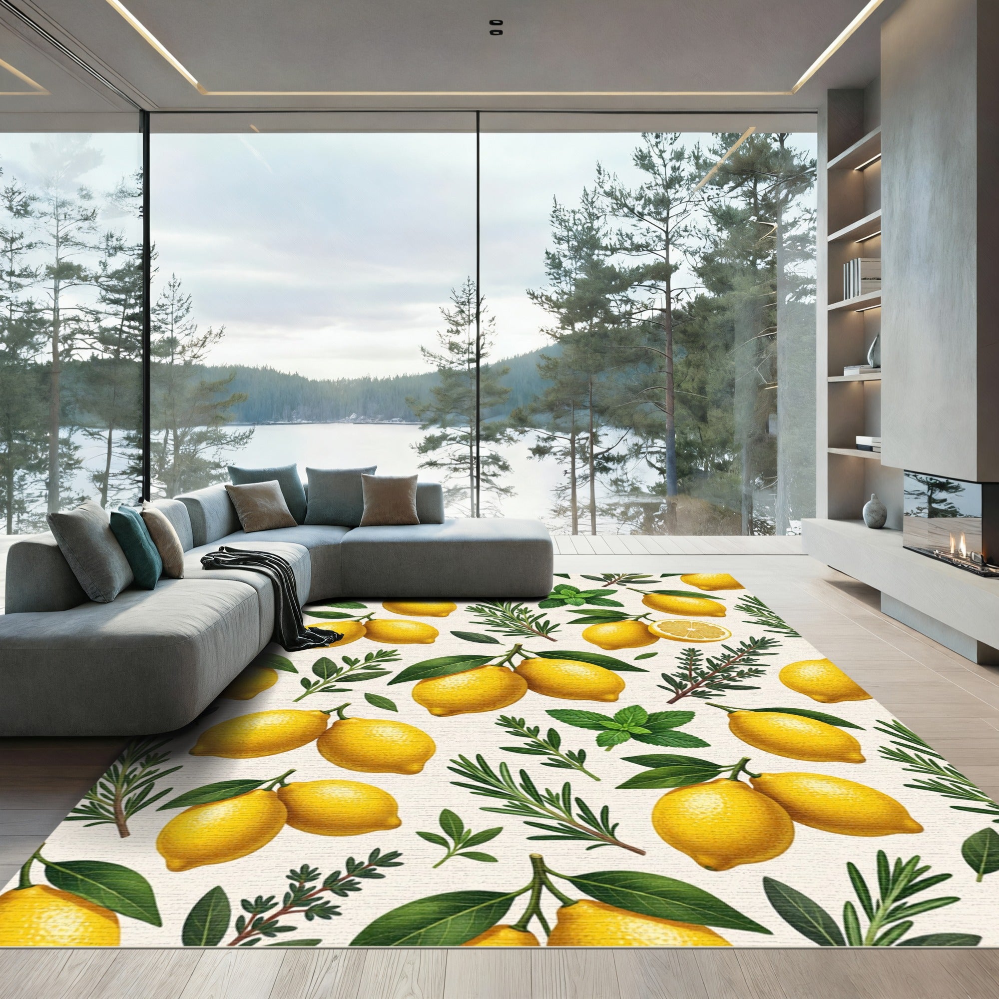 Sunny Lemon and Botanical Herb Illustration Rug