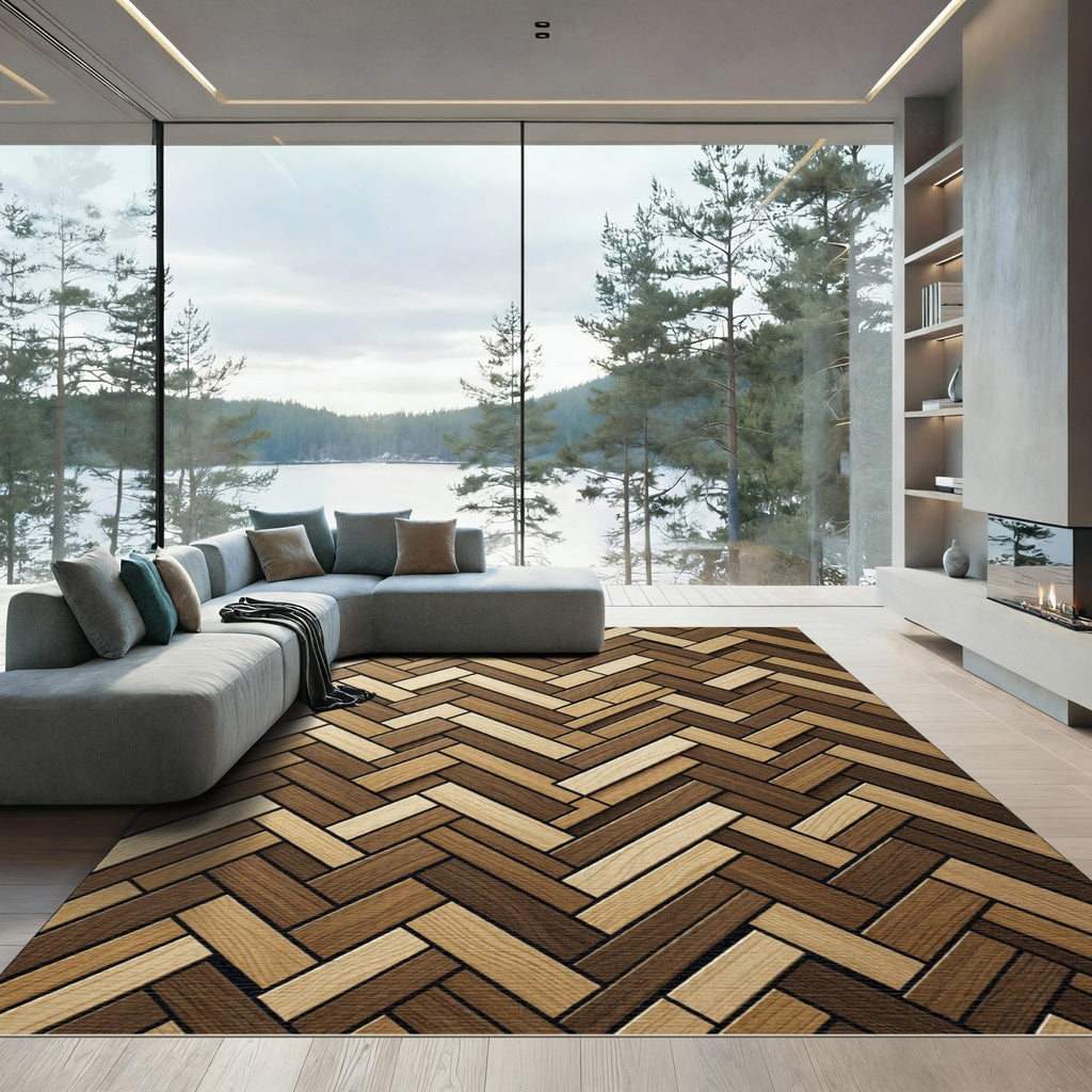 Two Tone Herringbone Wood Plank Rug