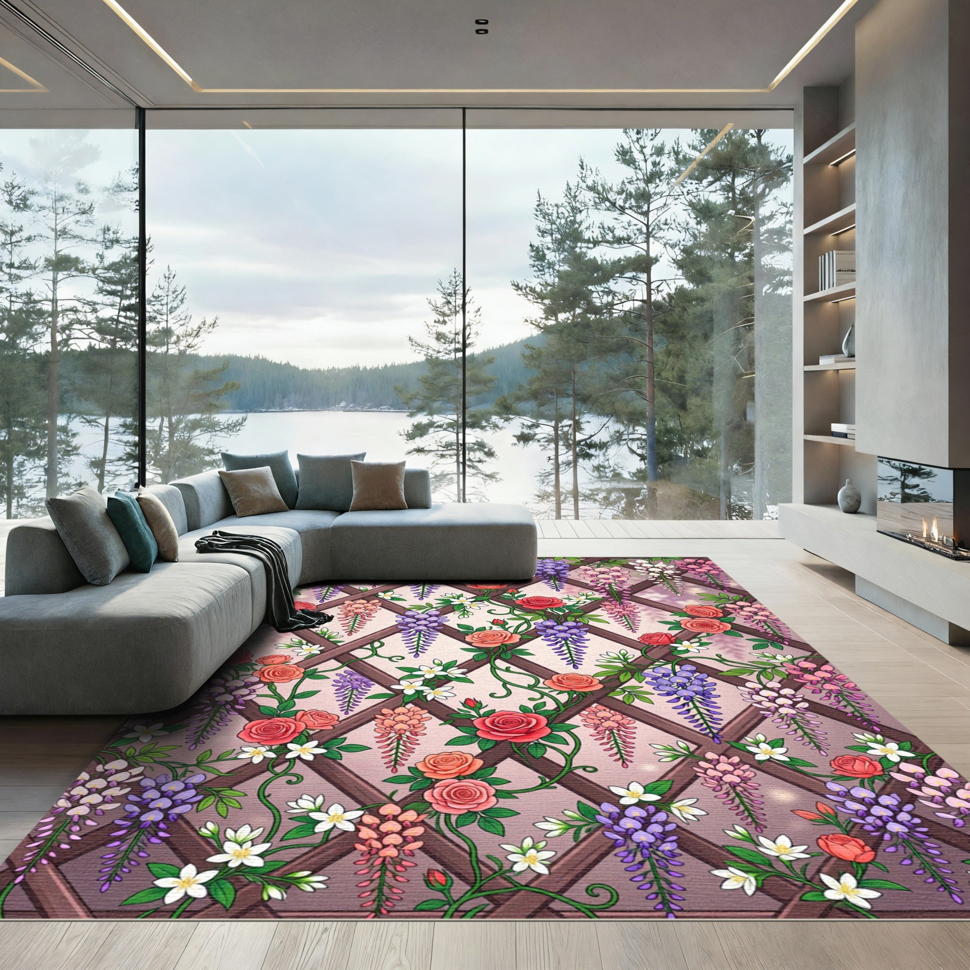 Wisteria Rose Trellis Garden Tapestry Rug