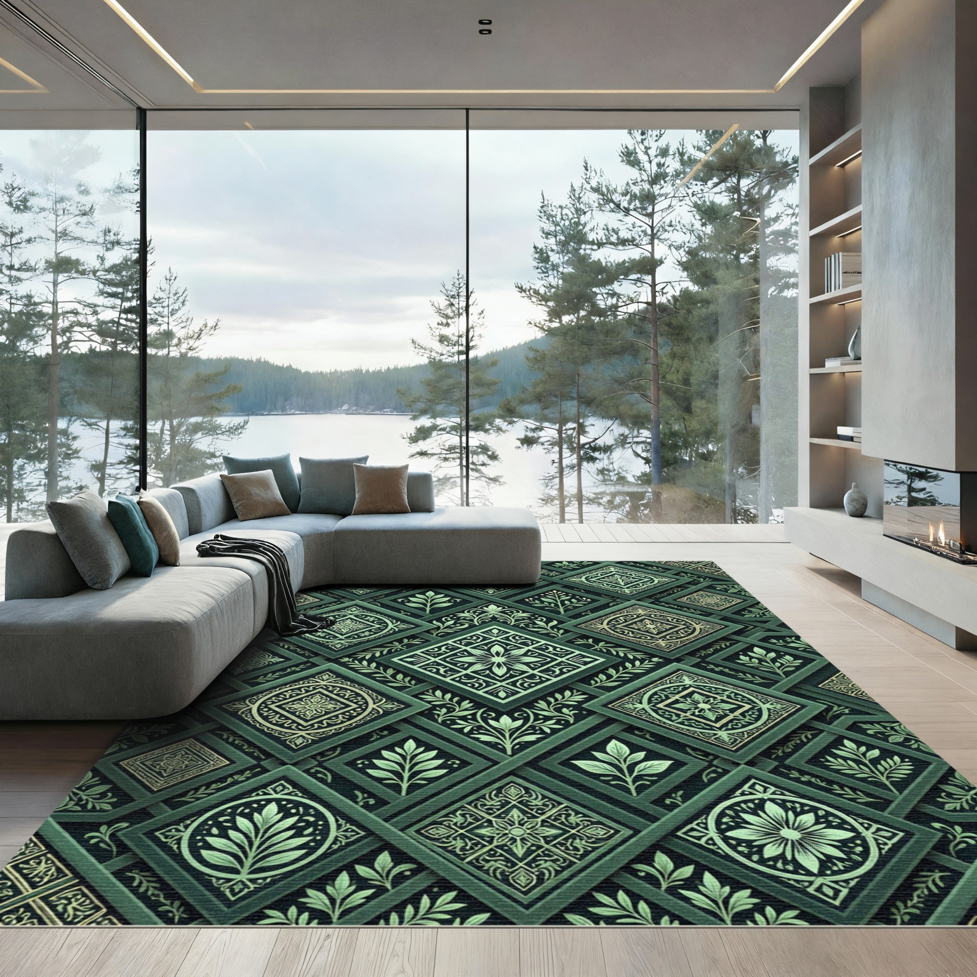 Emerald Green Intricate Tile Mosaic Rug
