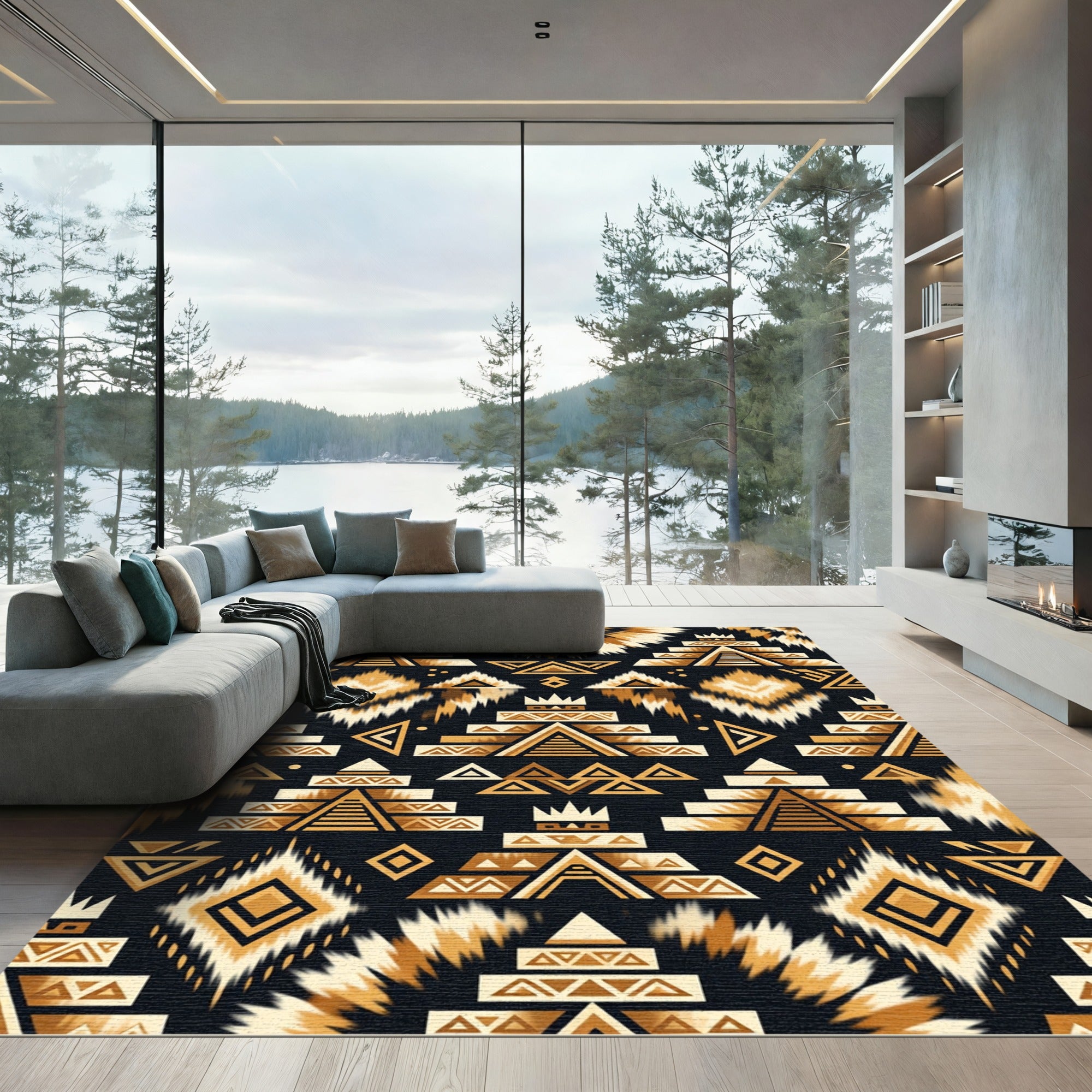 Golden Black Tribal Pyramid Sunburst Rug