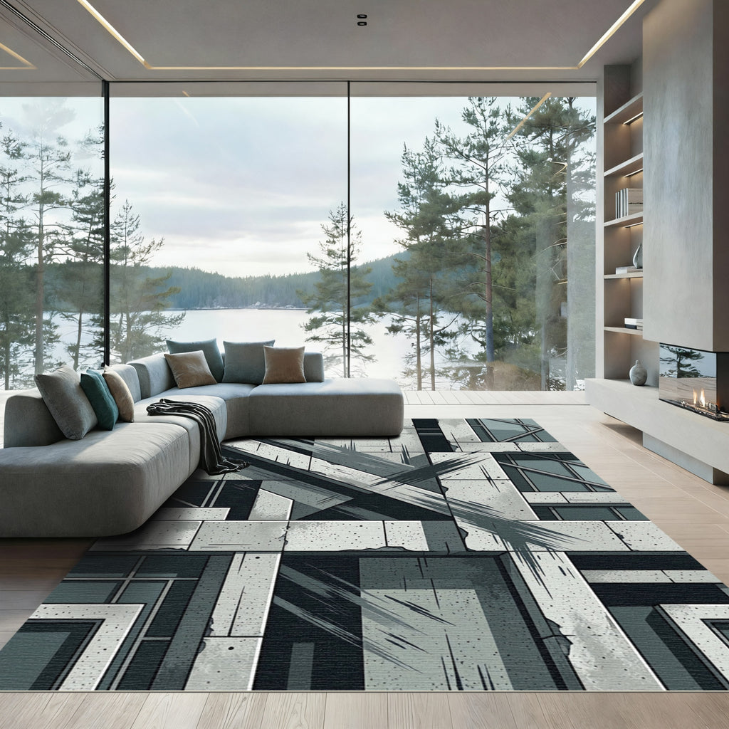 Grayscale Concrete Angular Geometric Stripe Rug