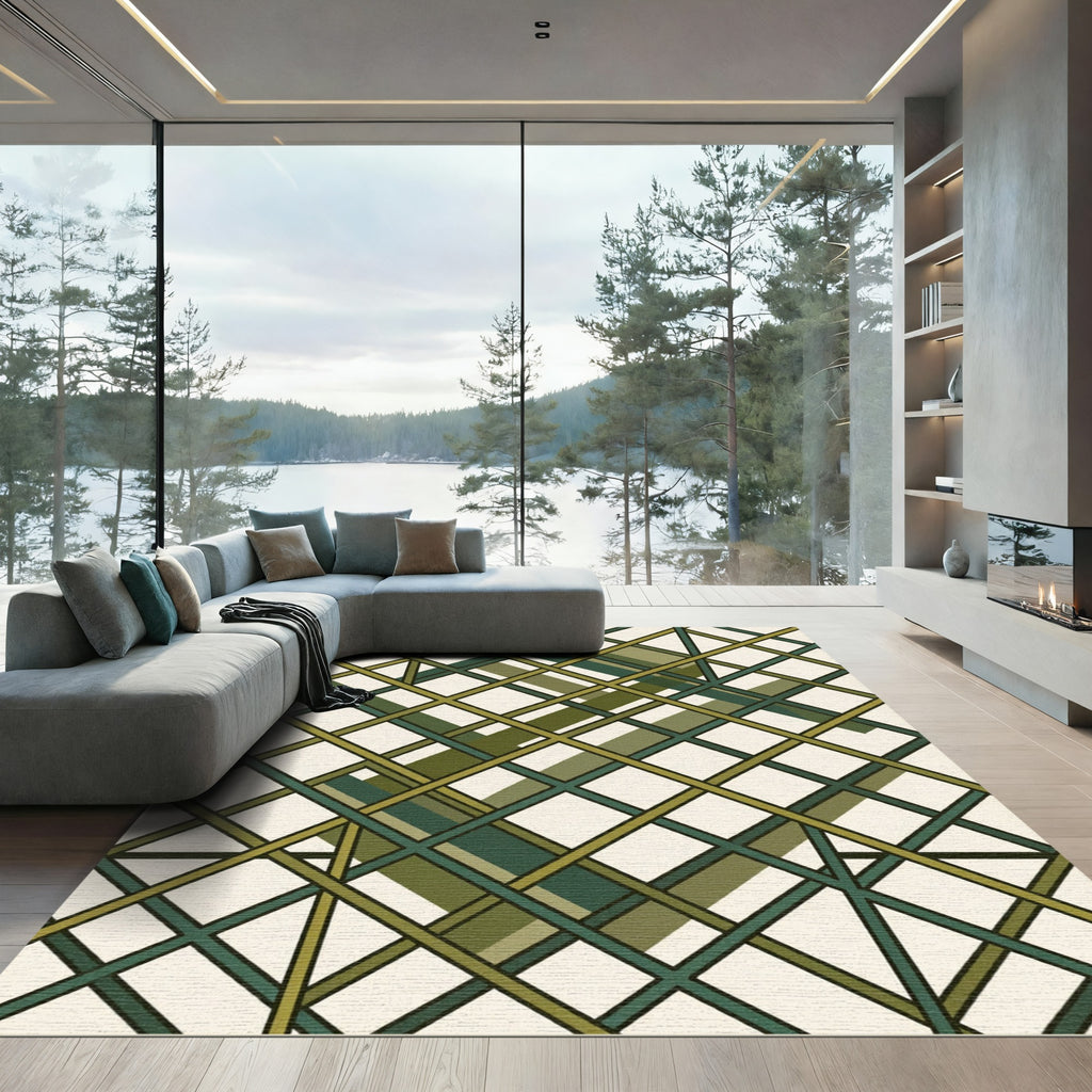 Geometric Olive and Emerald Grid Rug