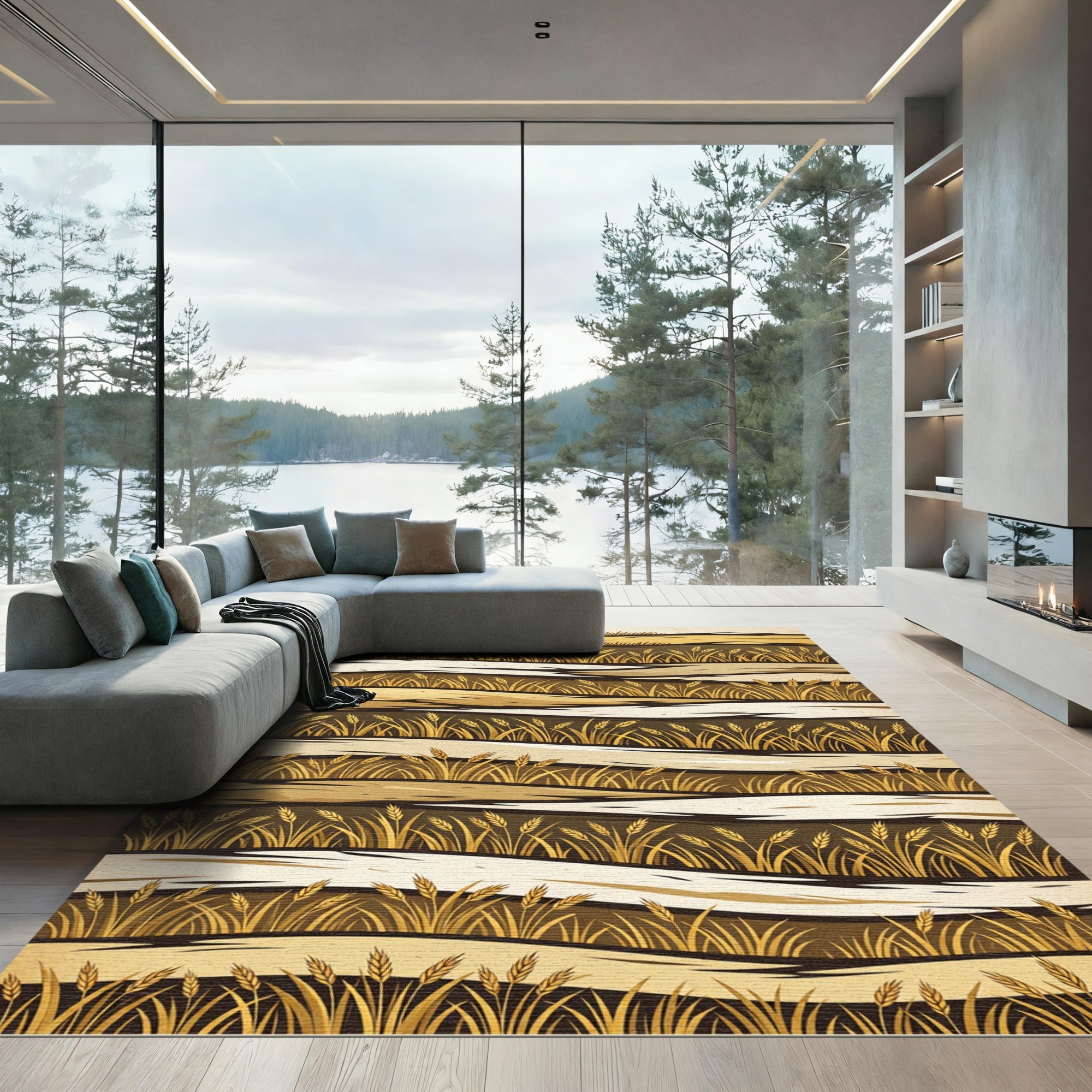 Golden Wheat Field Wavy Stripe Art Rug