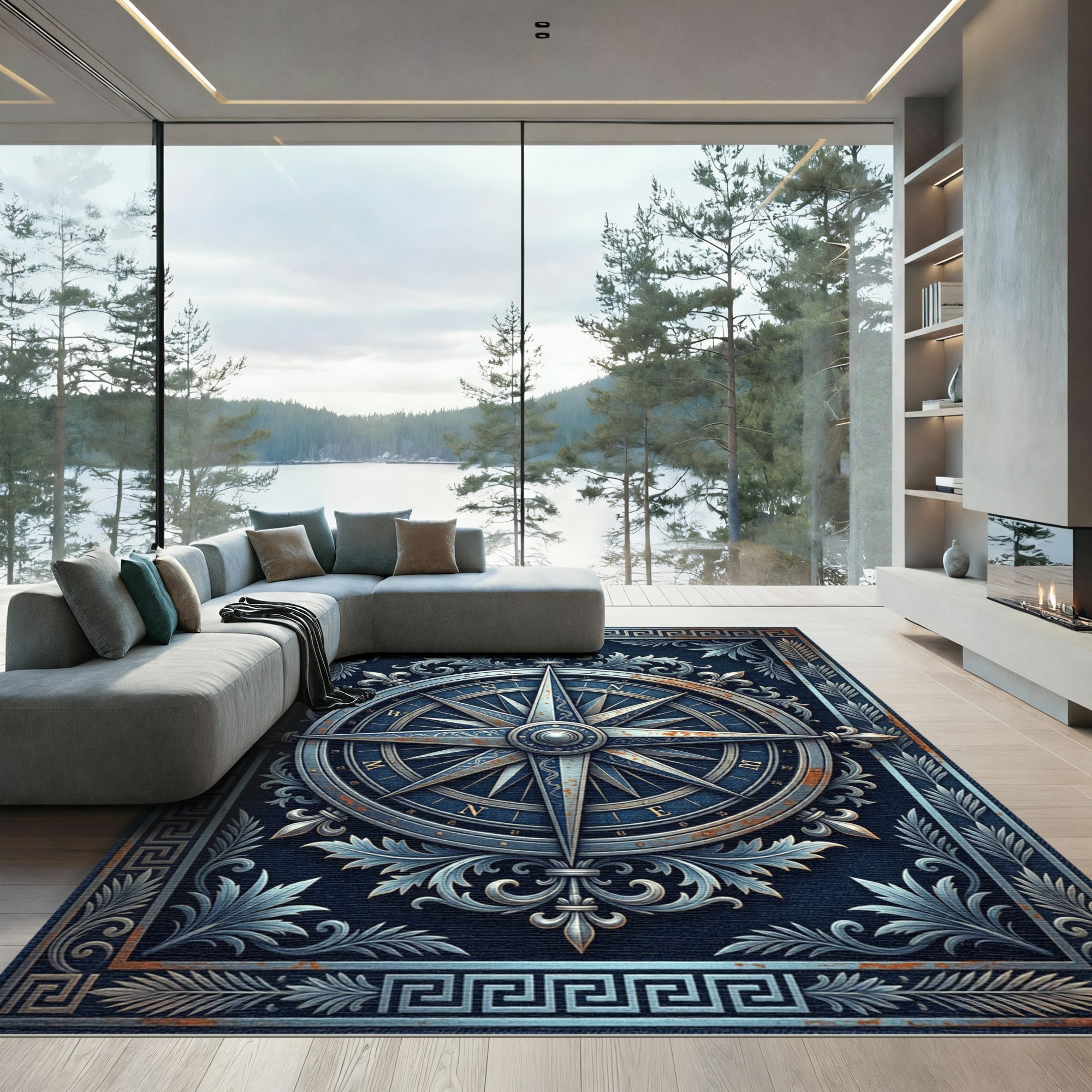 Navigational Compass Ornate Blue Rug