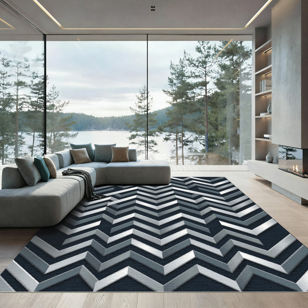 Silver Gray Chevron Geometric Rug