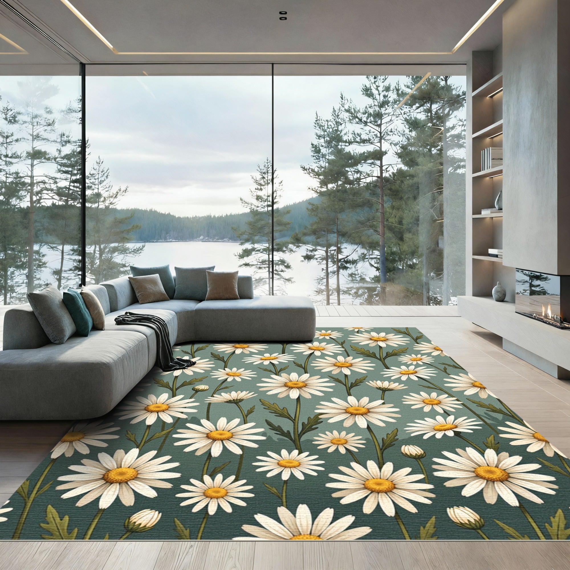 Sage Green Wildflower Daisy Meadow Rug