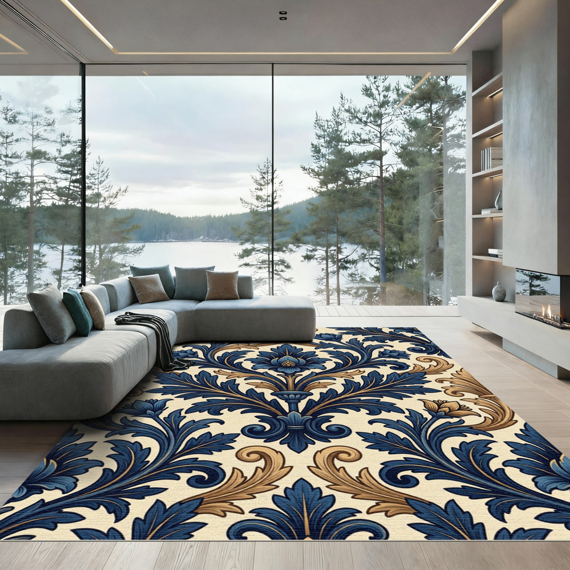 Navy Blue Golden Acanthus Scroll Rug