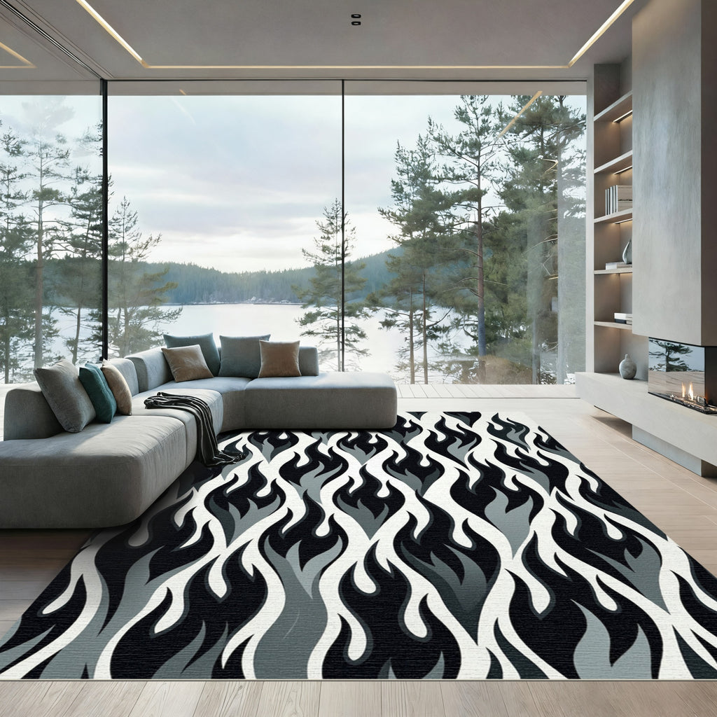 Monochrome Fire Flames Abstract Rug