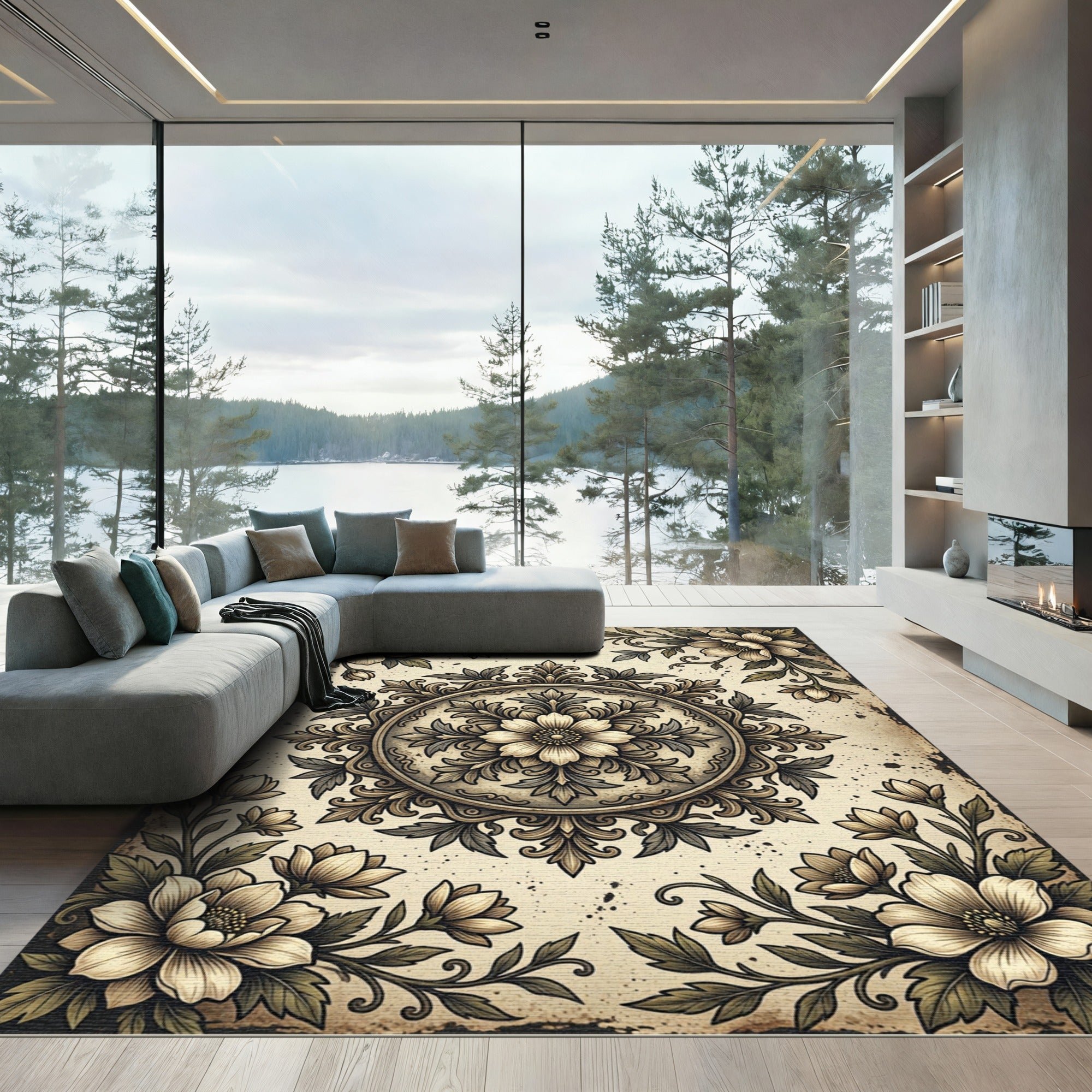 Vintage Cream Floral Medallion Scroll Rug