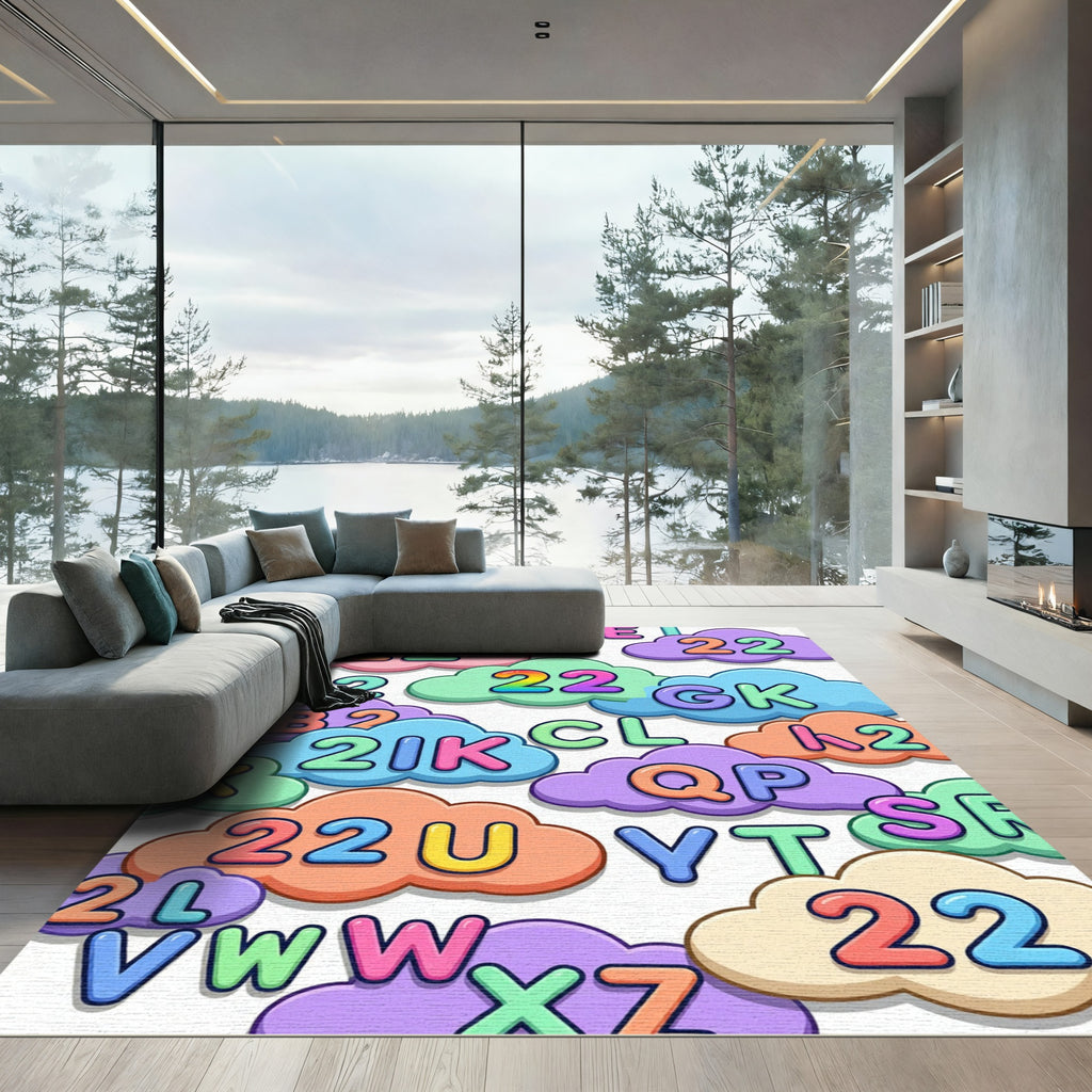 Playful Pastel Alphabet and Number Clouds Rug