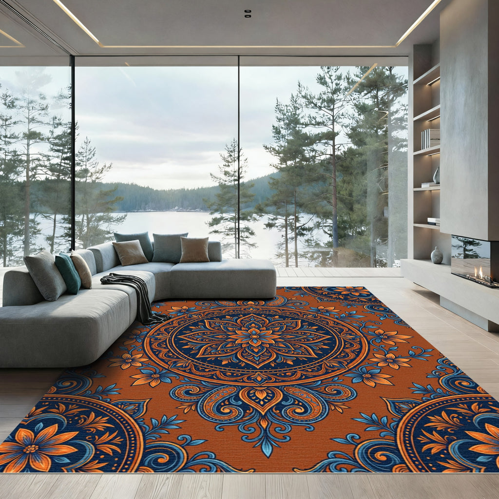 Ornate Indigo and Sienna Floral Medallion Rug