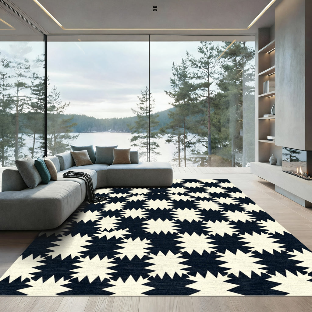 Ivory Black Starburst Checkerboard Rug