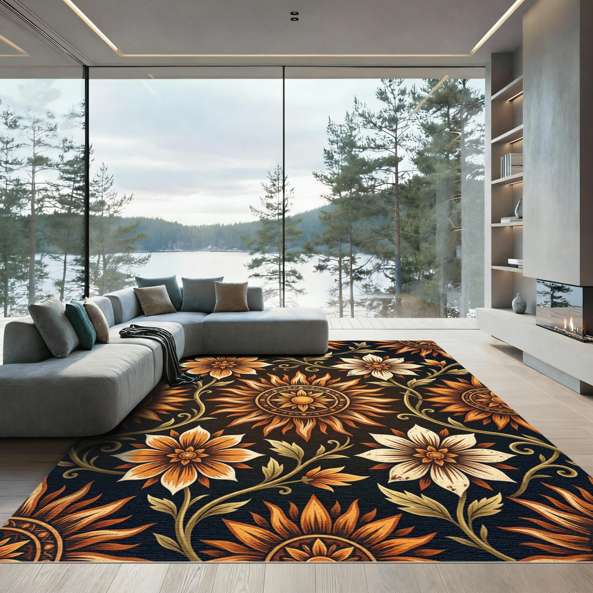 Golden Sunburst Floral Vine Medallion Rug
