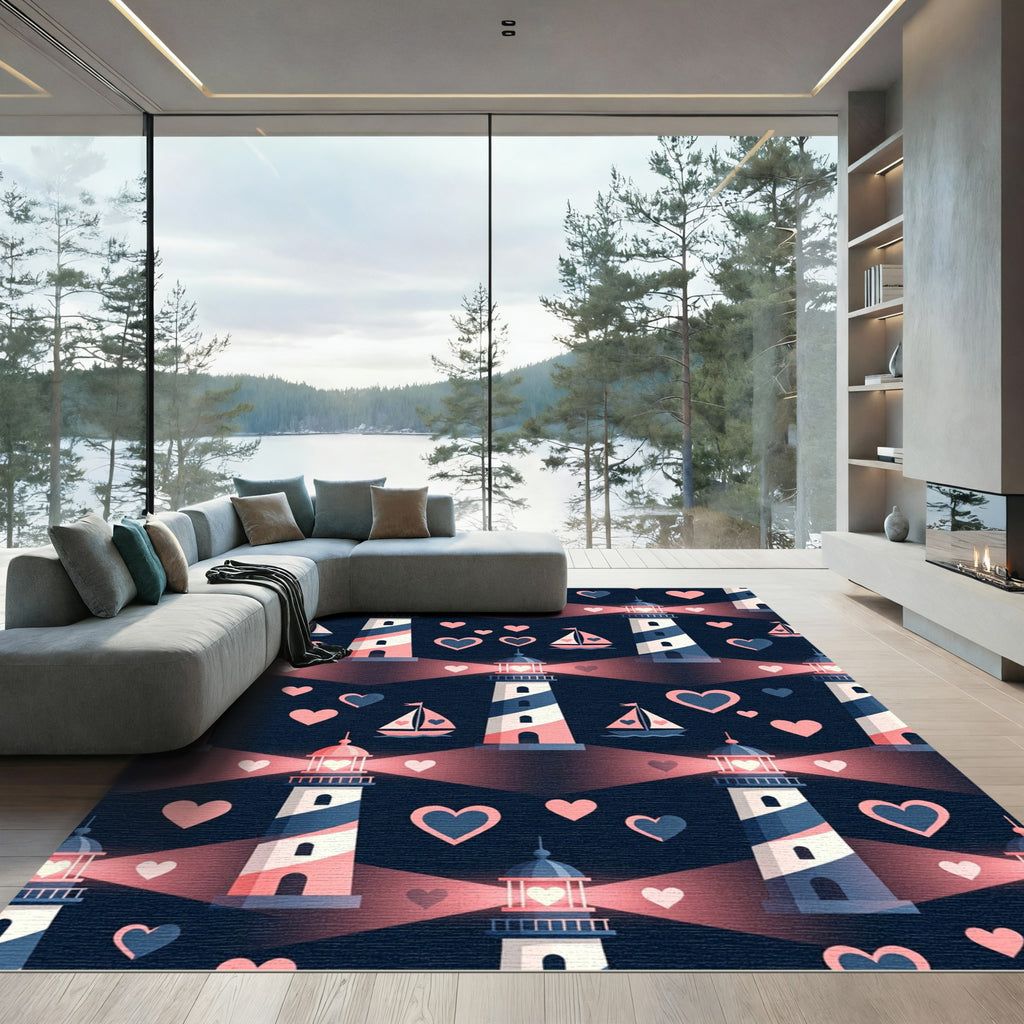 Navy Pink White Lighthouse Hearts Sailboat Rug