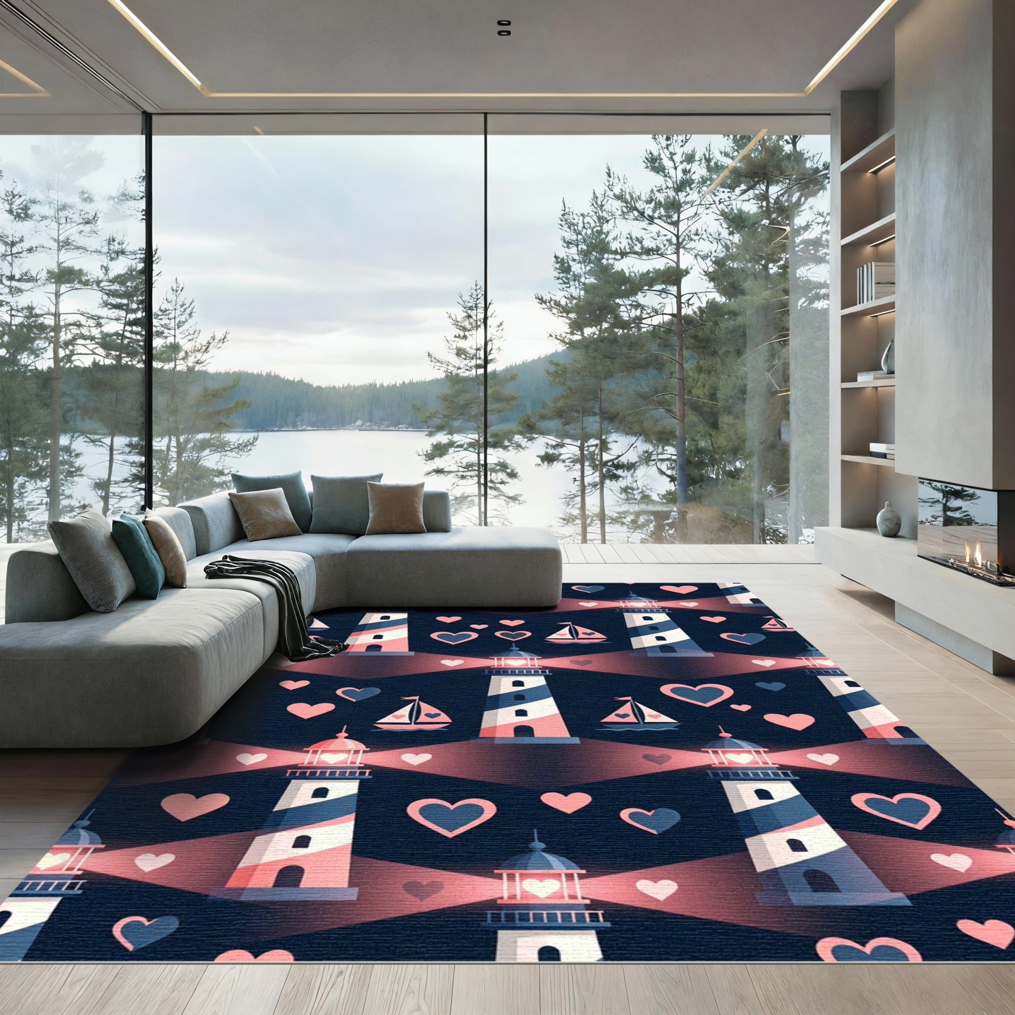Navy Pink White Lighthouse Hearts Sailboat Rug