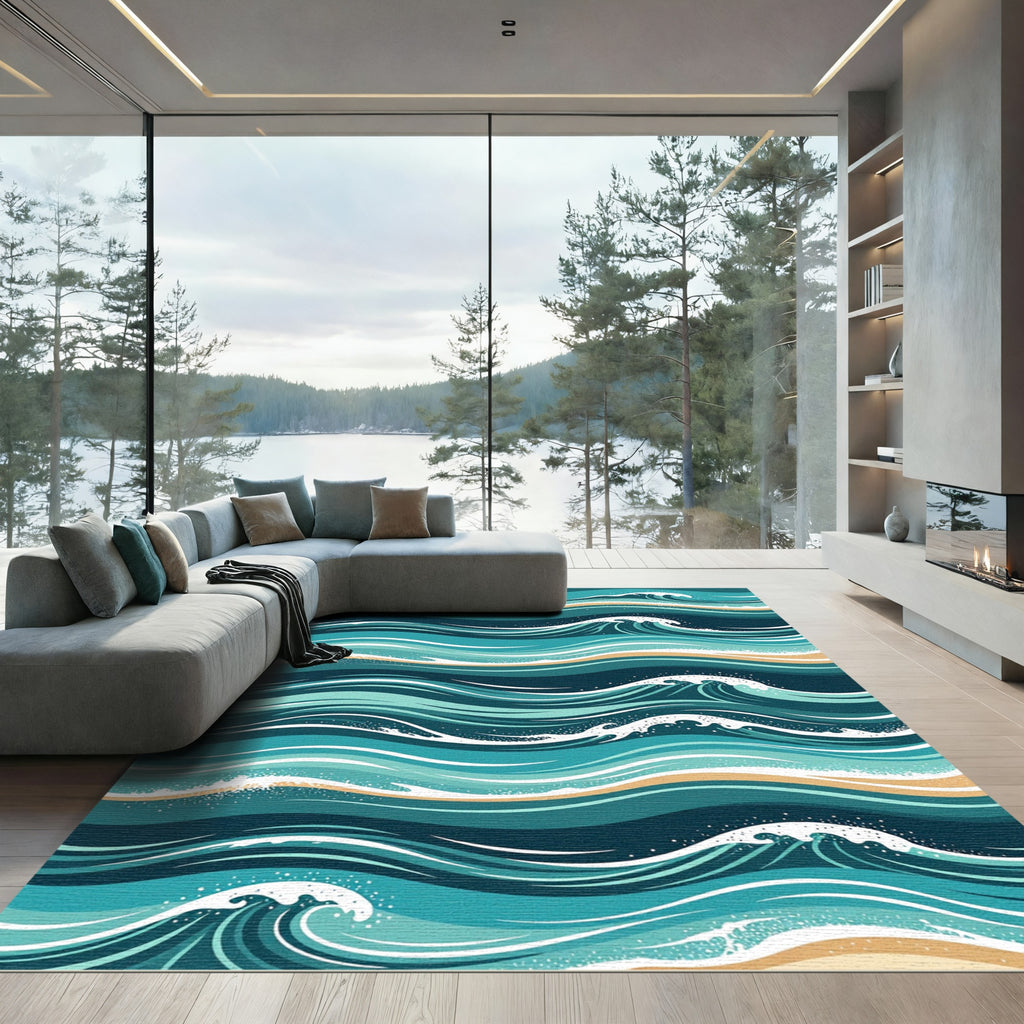 Teal Ocean Wave Crest Coastal Art Rug