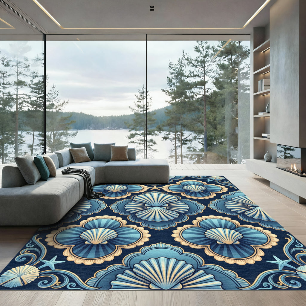 Elegant Navy Blue Shell Coastal Symmetry Rug