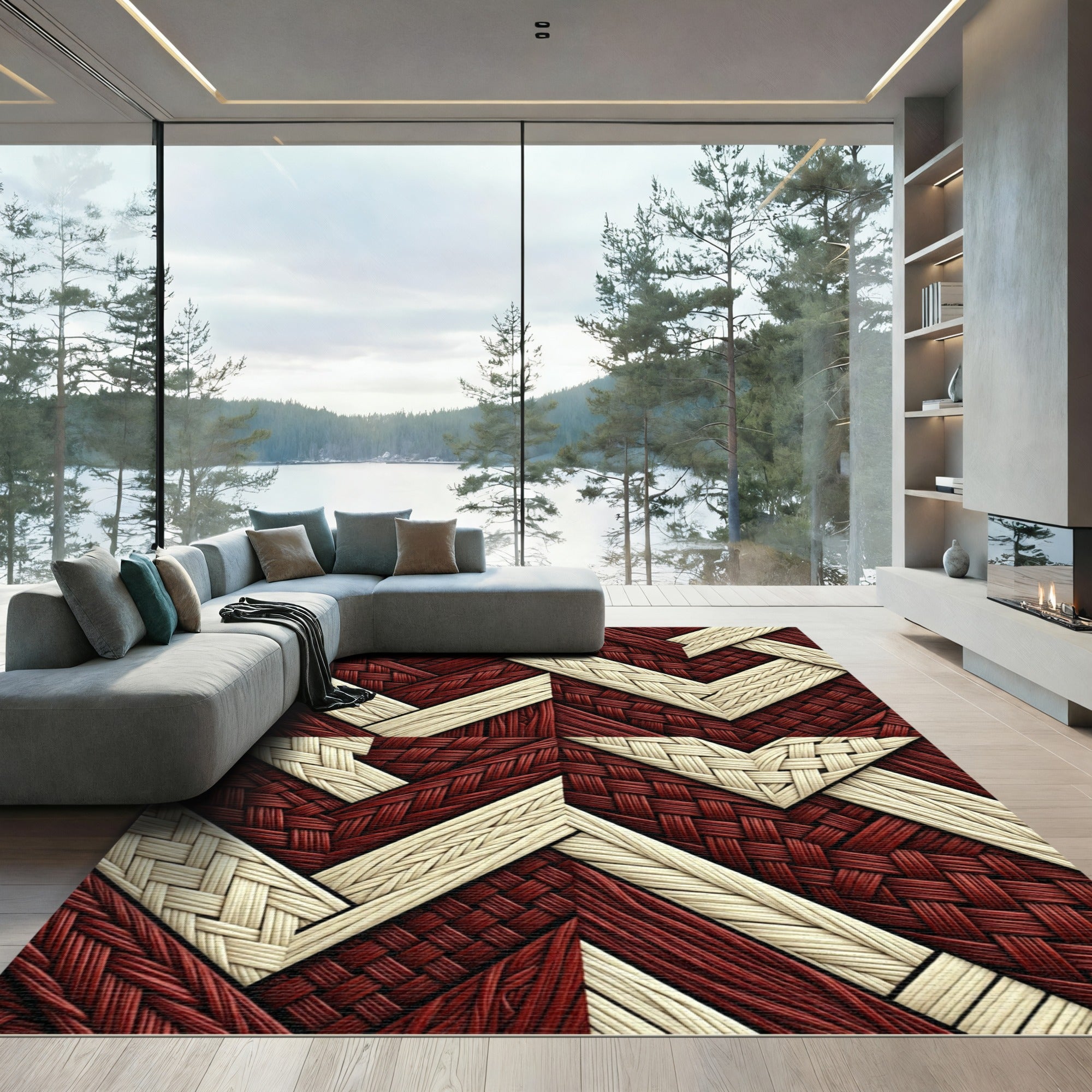 Crimson And Cream Woven Chevron Rug