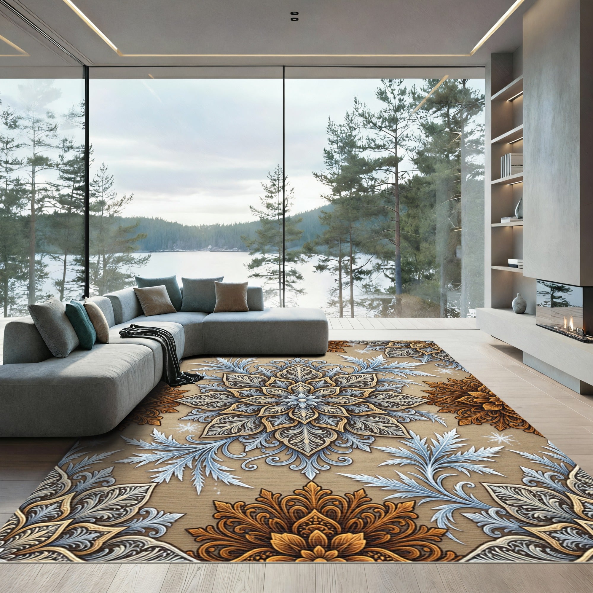 Golden Floral Medallion with Frosty Botanical Accents Rug