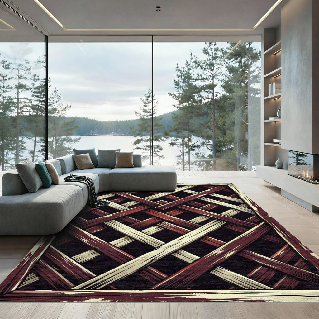Rustic Crimson and Cream Lattice Rug