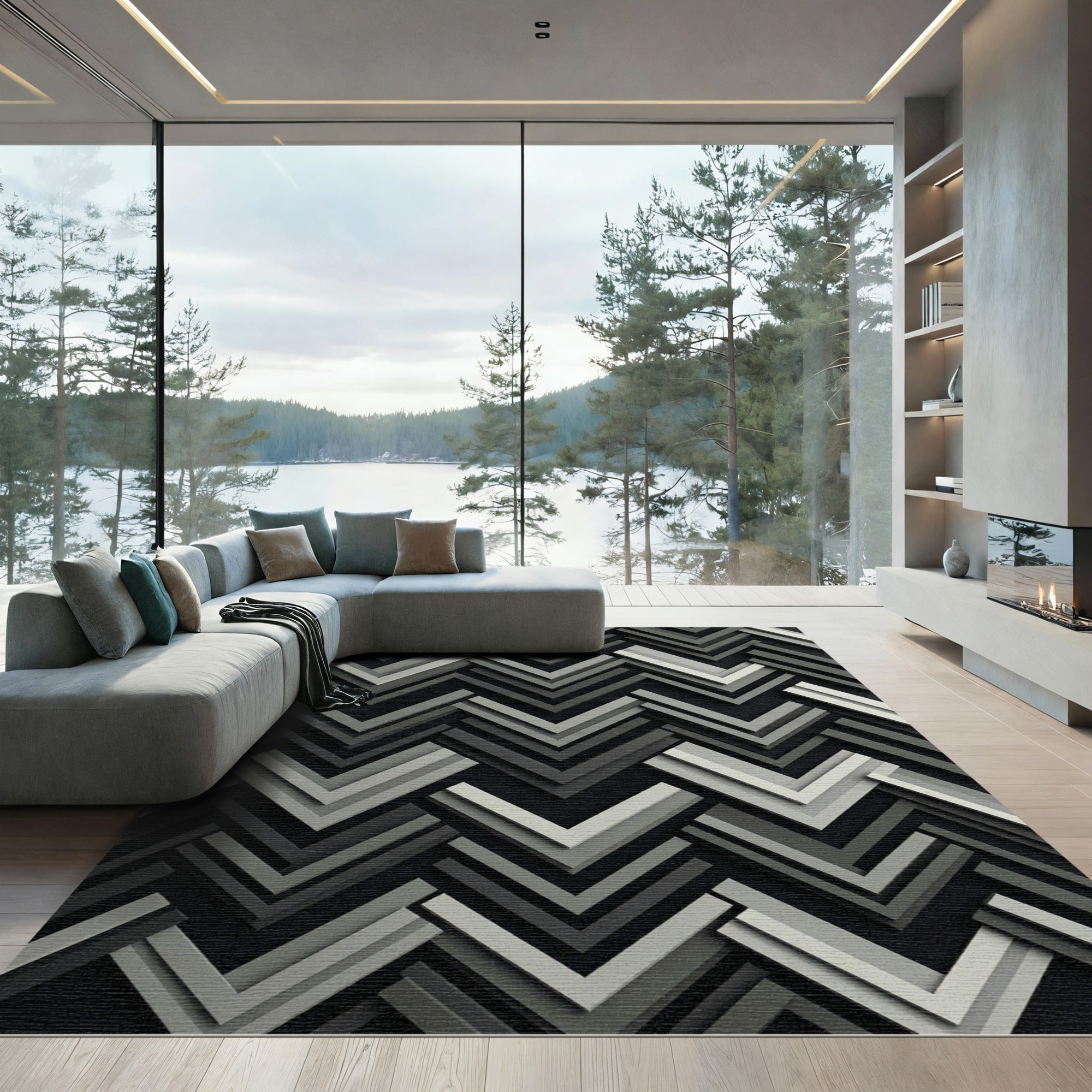 Monochromatic Geometric Chevron Layered Rug