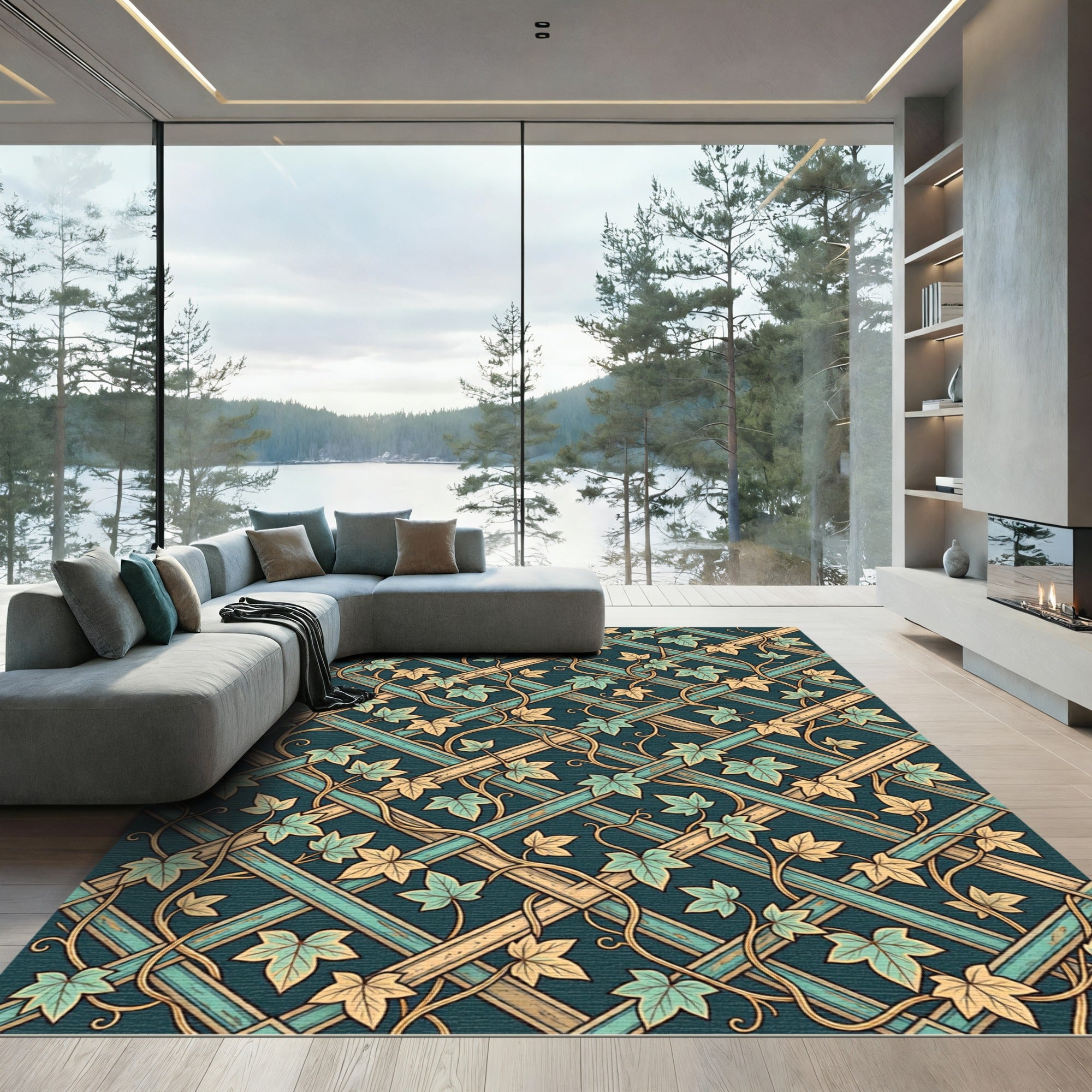Teal Blue Lattice Ivy Vine Tapestry Rug
