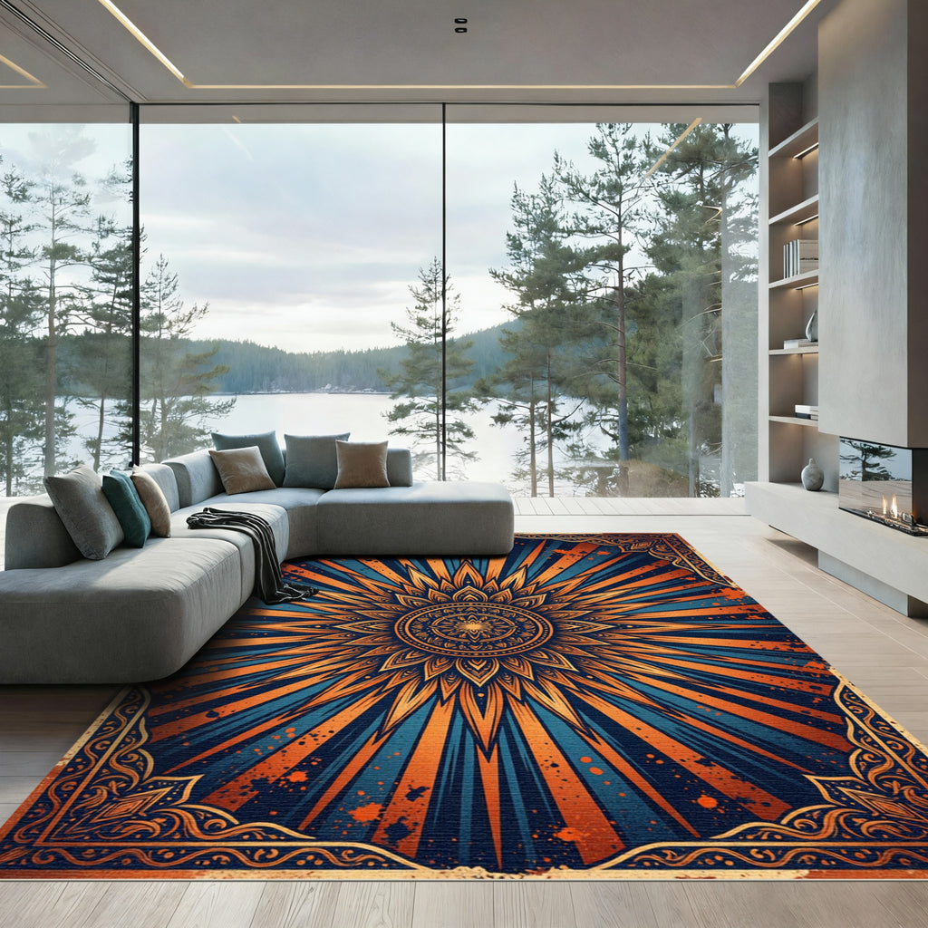 Orange Blue Radiant Sun Mandala Rug