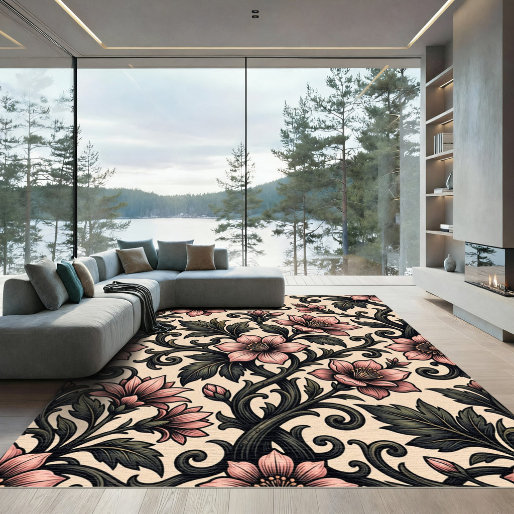Vintage Pink Floral Scrolling Vine Rug