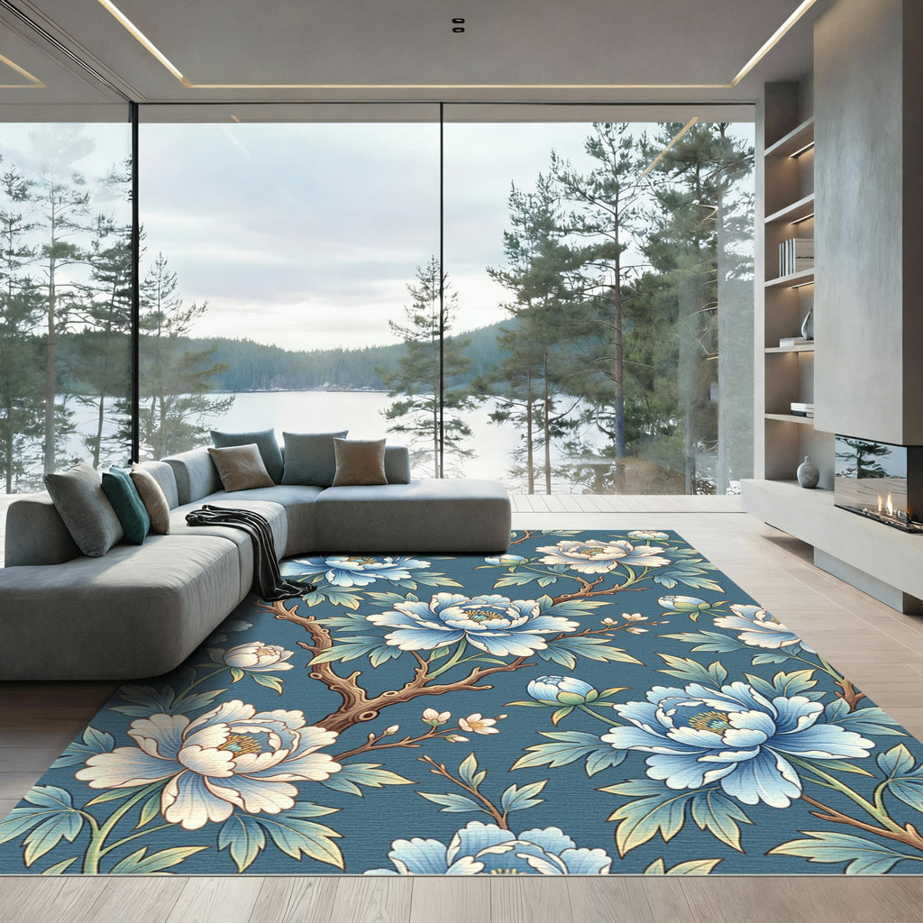 Chinoiserie Blue Peony Floral Branch Rug