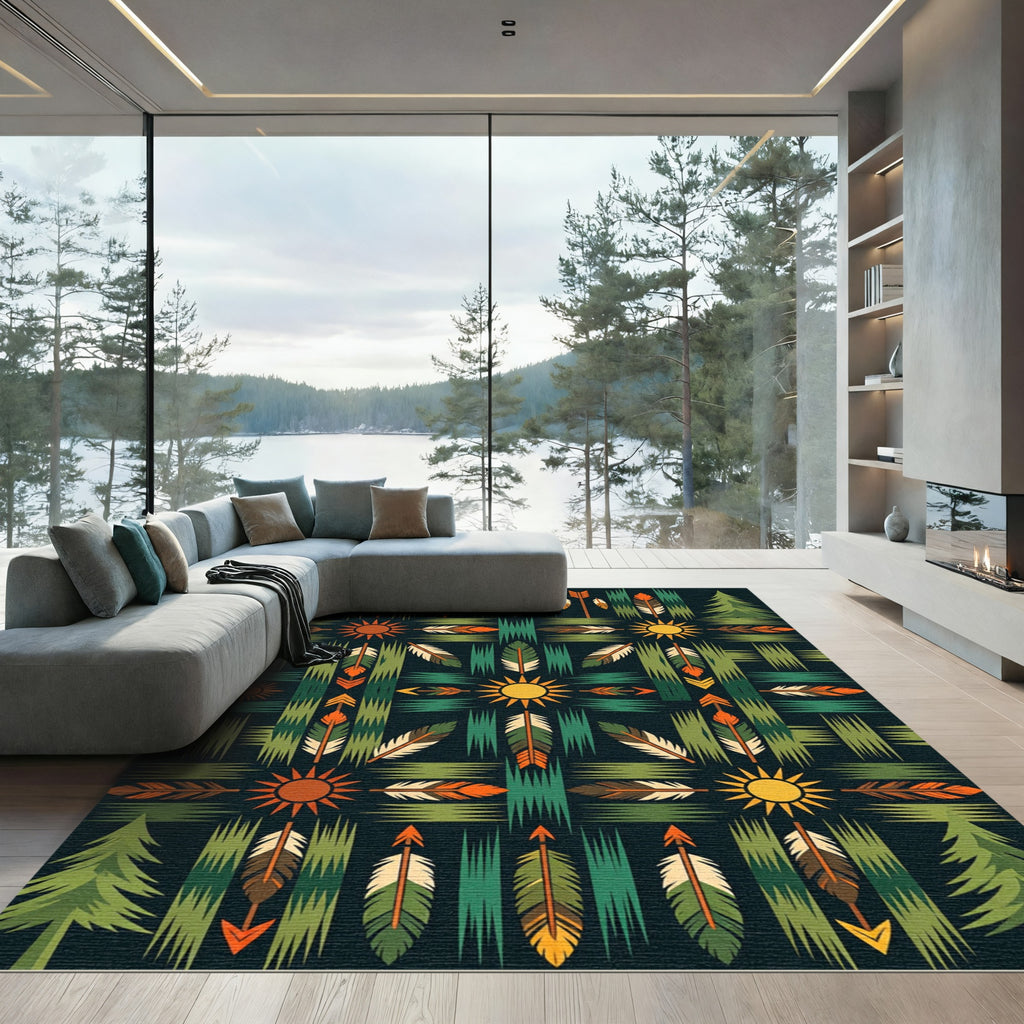 Green Forest Sun Feather Arrow Rug