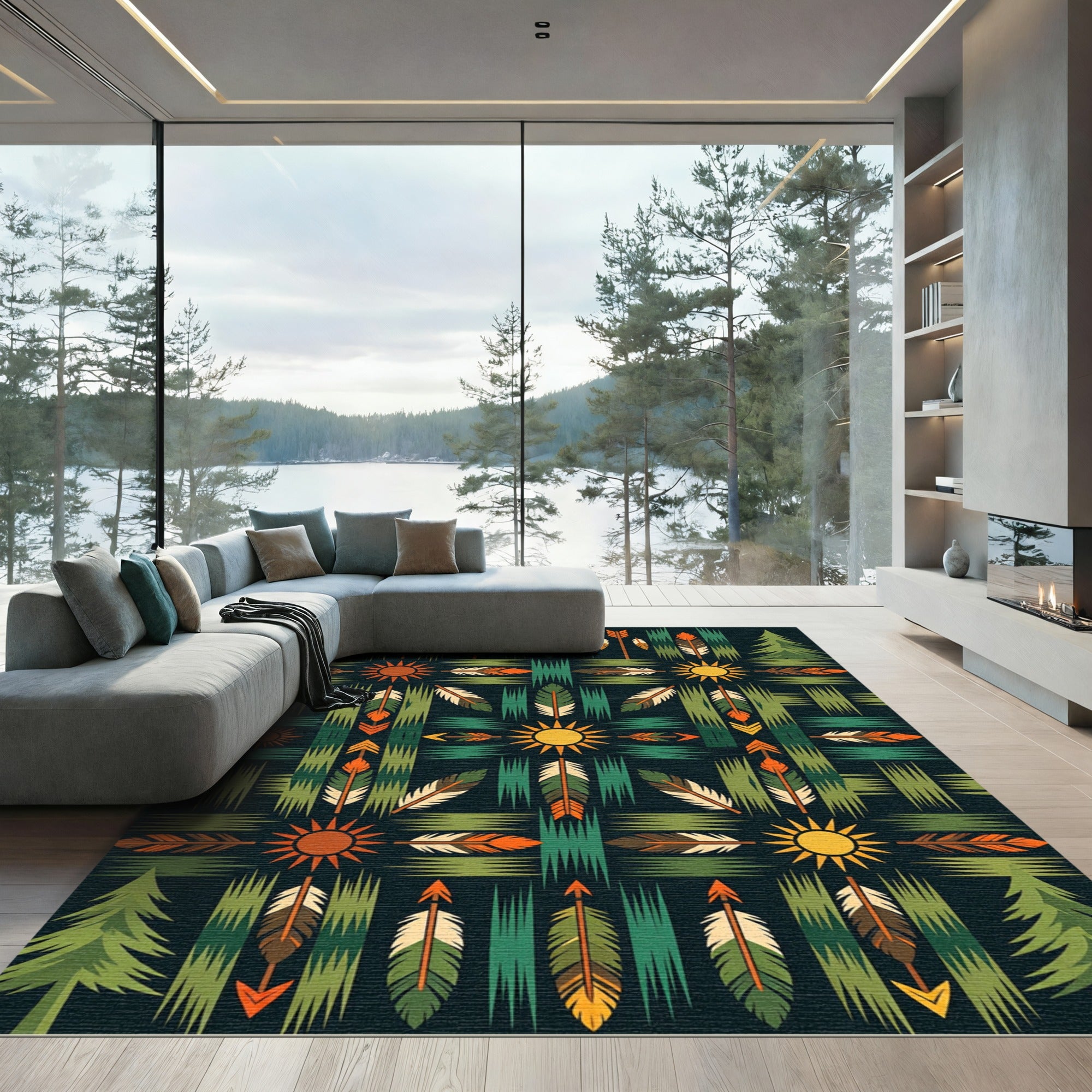 Green Forest Sun Feather Arrow Rug