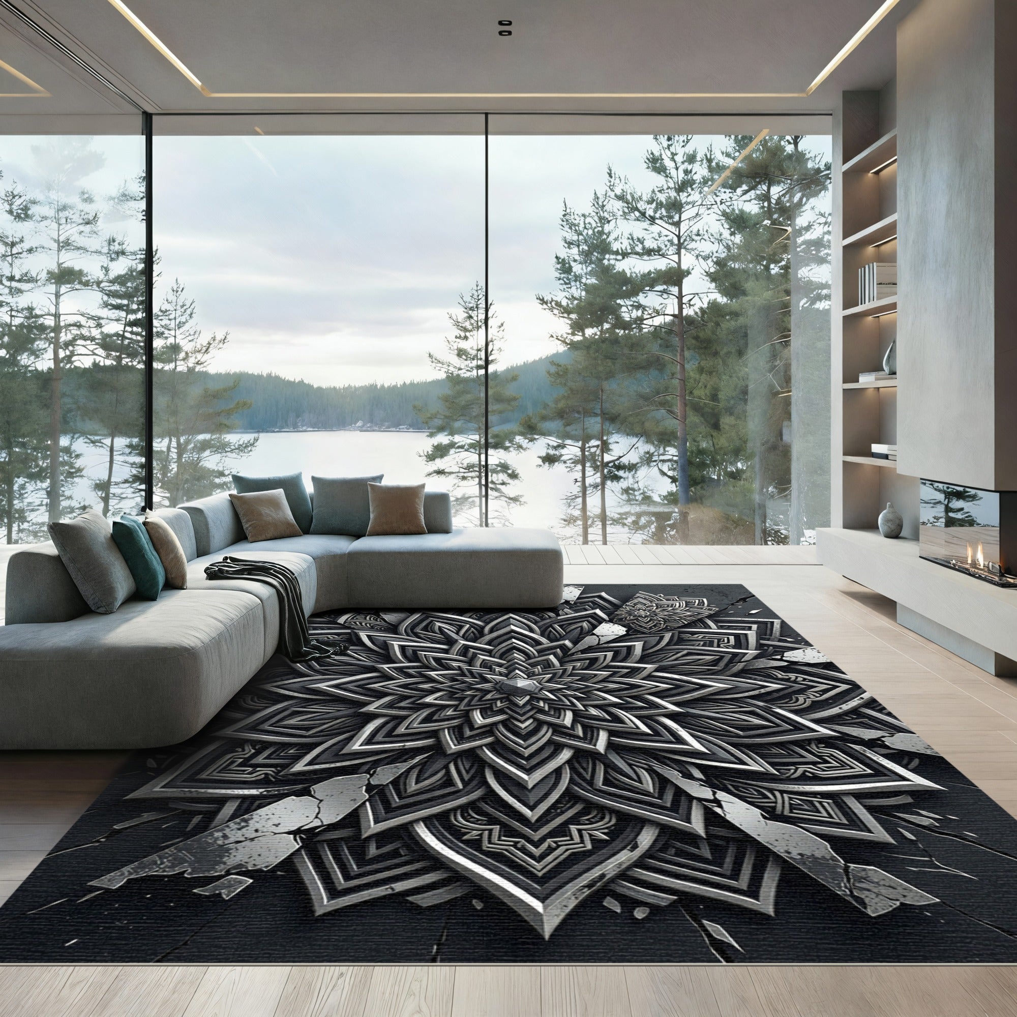 Monochromatic Intricate Mandala Fractured Design Rug