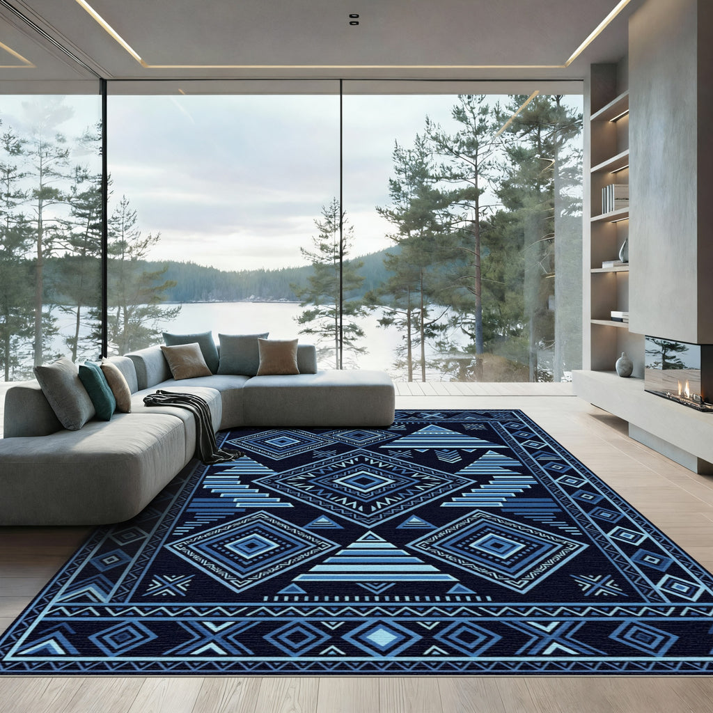 Deep Blue Geometric Tribal Diamond Rug