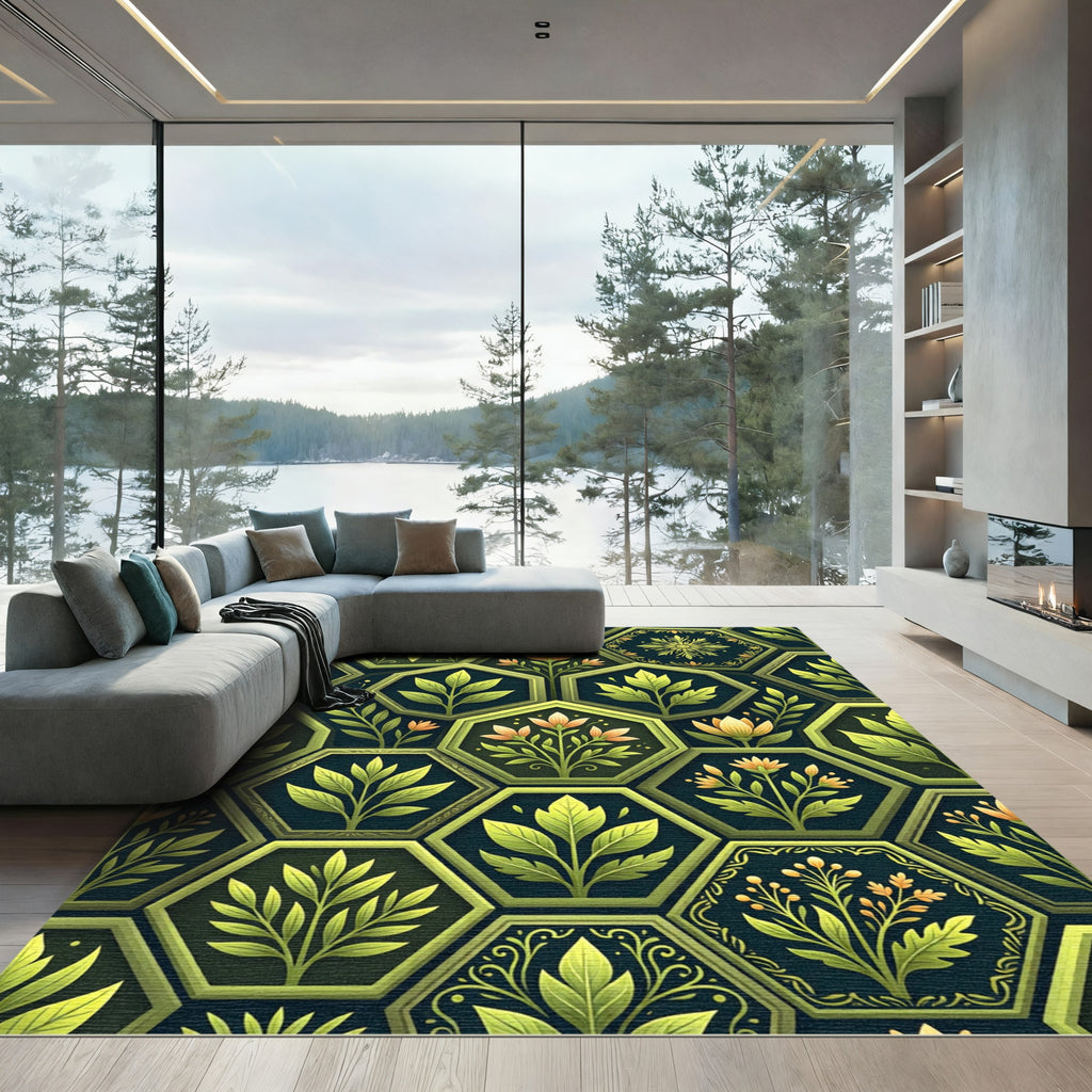 Emerald Green Hexagonal Botanical Floral Rug