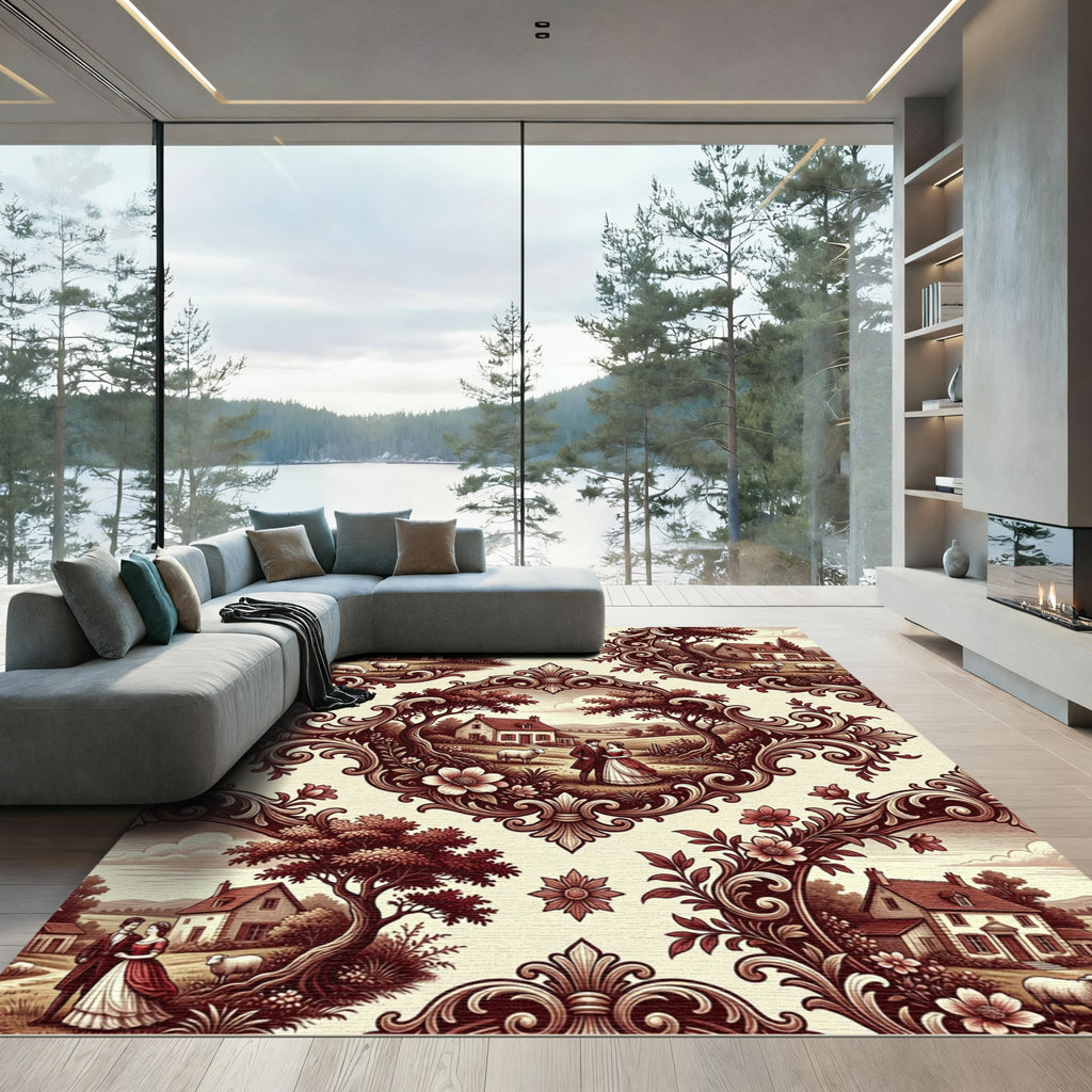 Ornate Red Countryside Estate Scene Rug