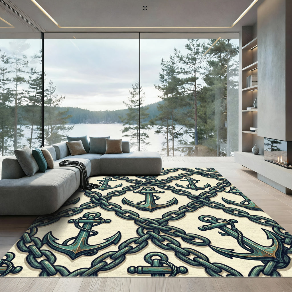 Rustic Nautical Anchor and Chain Link Rug