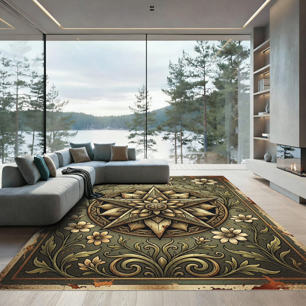 Vintage Gold Floral Star Medallion Rug