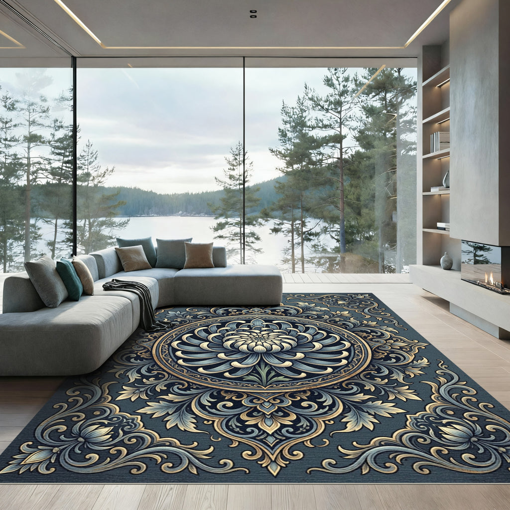 Elegant Blue Chrysanthemum Ornate Medallion Rug