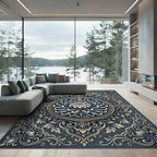 Elegant Blue Chrysanthemum Ornate Medallion Rug