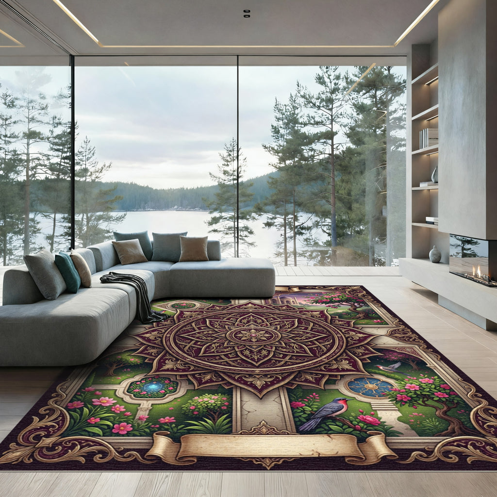 Ornate Burgundy Floral Mandala Garden Rug