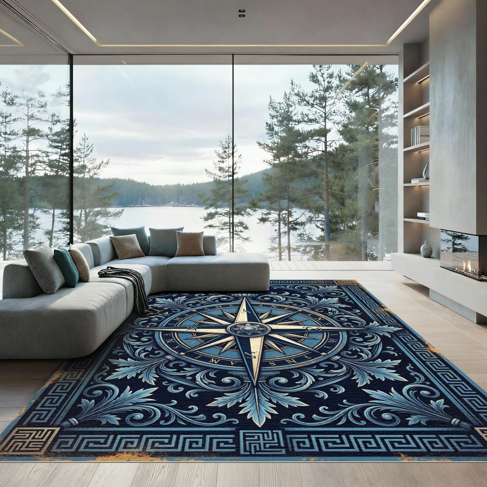Ornate Navy Compass Rose Filigree Rug