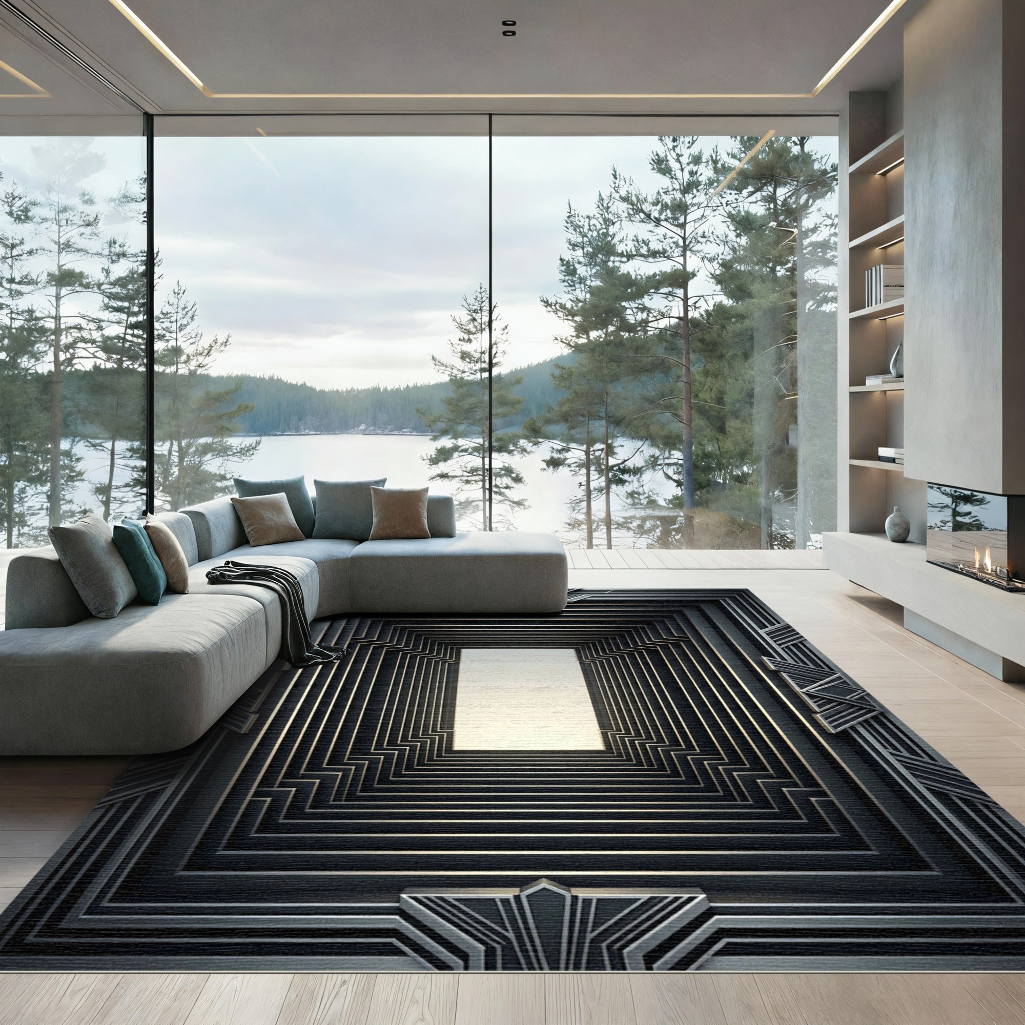 Dark Gray Art Deco Geometric Steps Rug
