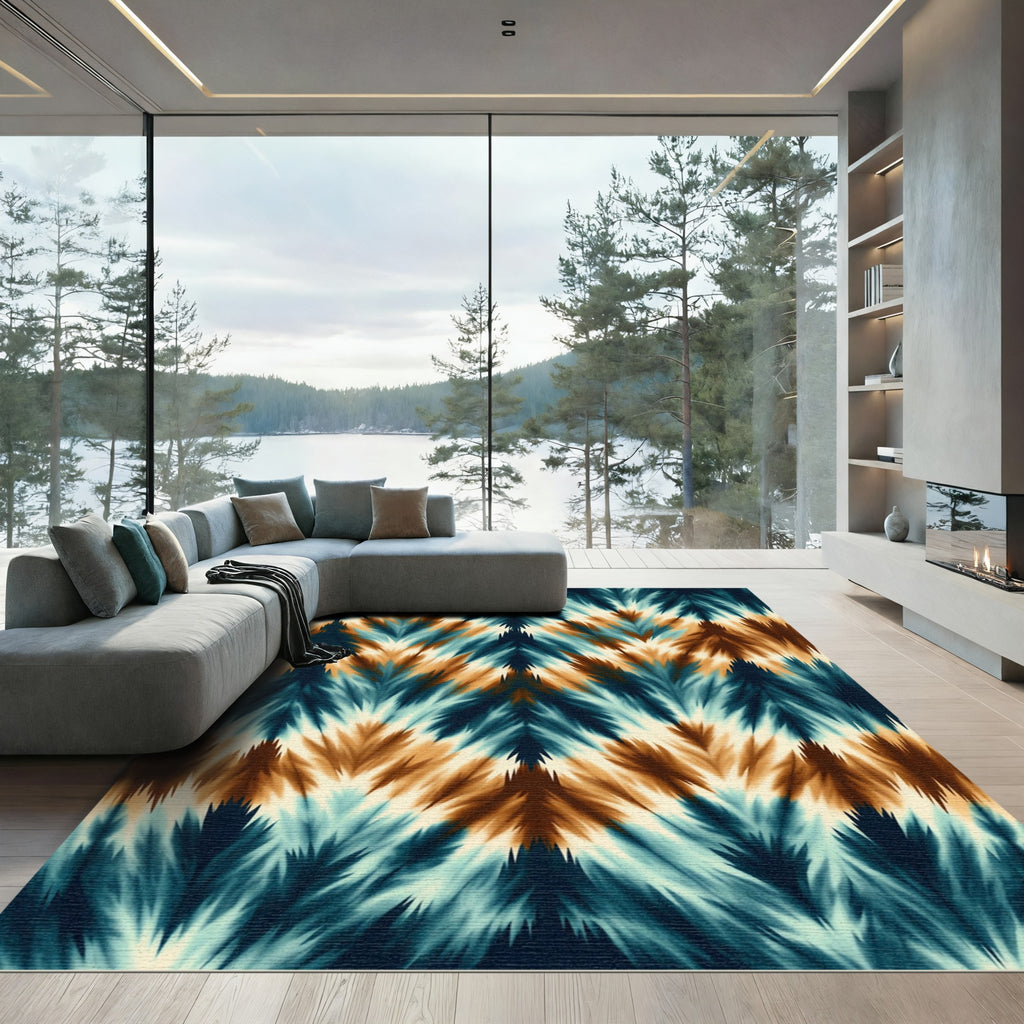 Abstract Teal and Amber Chevron Zigzag Rug
